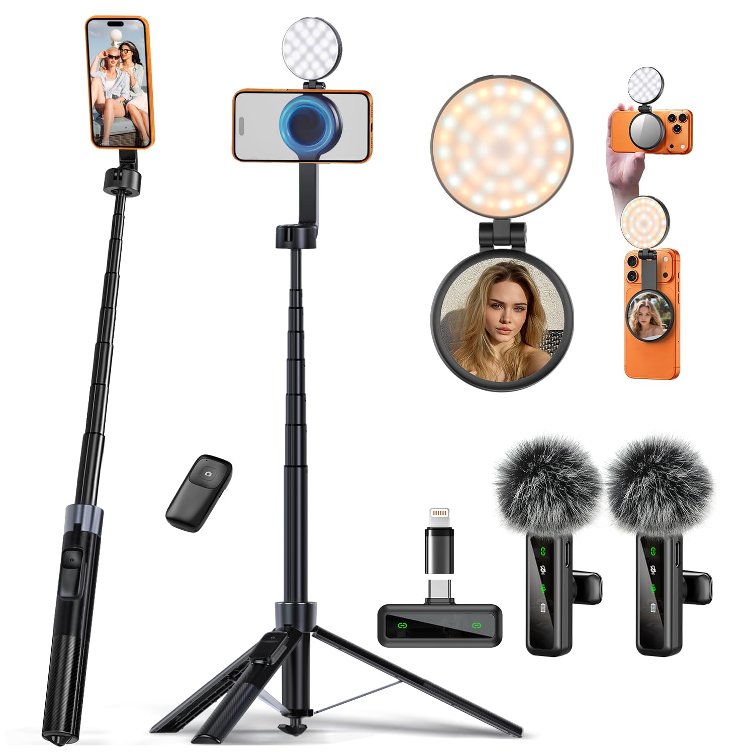 yAyusi Kit de Vlogging Magnétique 3-en-1 pour iPhone/Android, Kit Youtuber Complet, trépied magnétique, Microphone, télécommande, Perche à Selfie de 180 cm avec lumière
