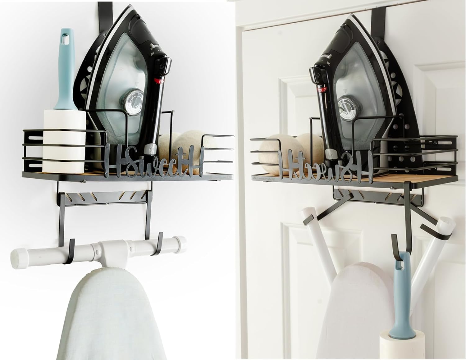 Farmhouse Ironing Board Hanger Wall Mount or Over the Door - Universal Laundry Room Ironing Board Holder Caddy with Iron Holder Shelf - Adjustable Hooks to Hold Ironing Boards Large & Small - White
