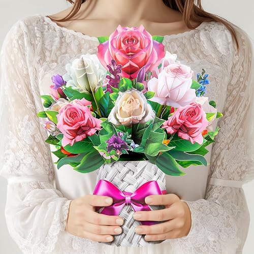 CNLITIHEKA Flower Bouquet Pop Up Cards, Pink & White Roses, Valentine's Day Card