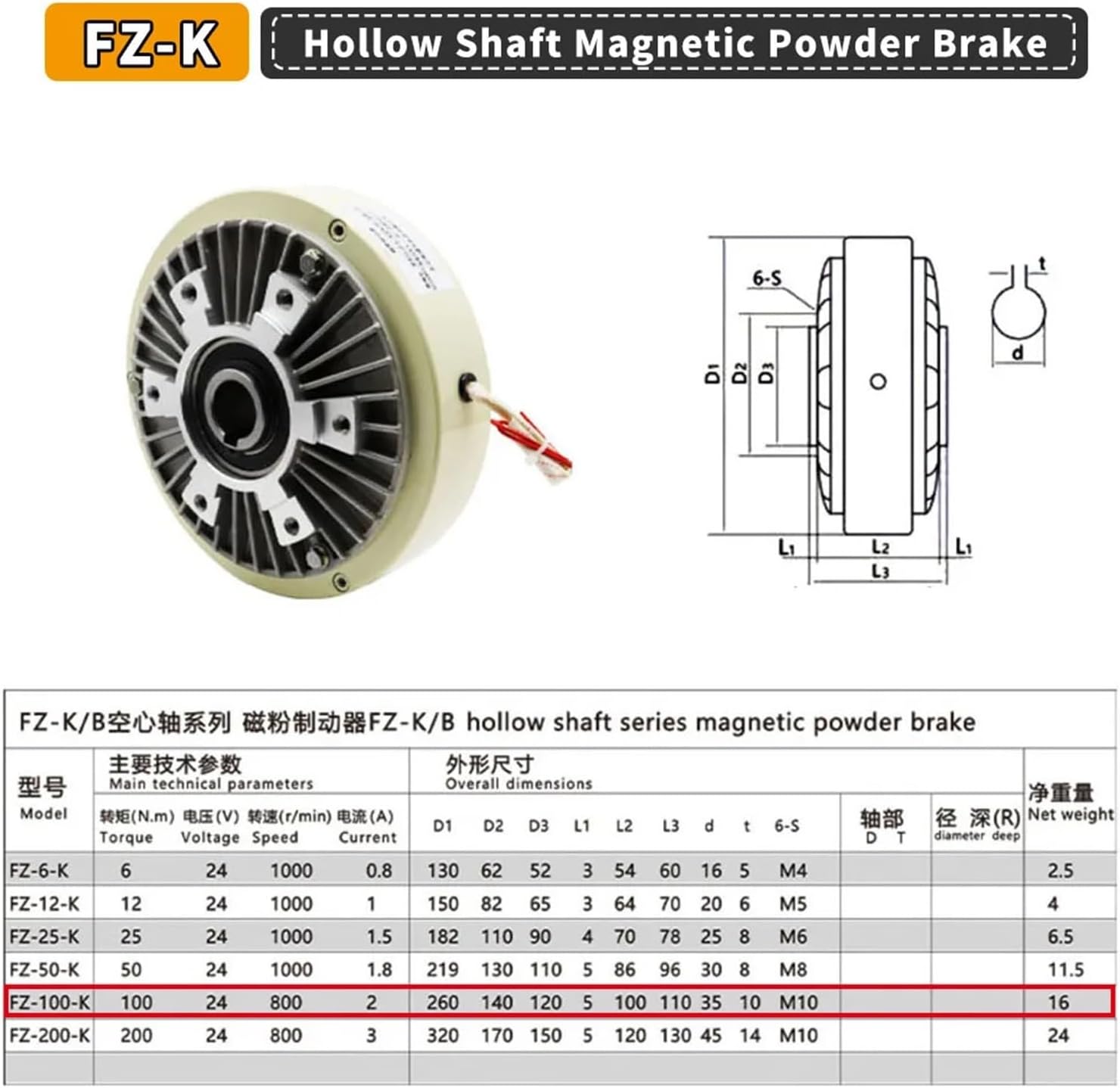100Nm 10kg Hollow Shaft Magnetic Powder Brake DC24V 1000RPM Unwinding for Tension Control Continuous Sliding Simulated Load