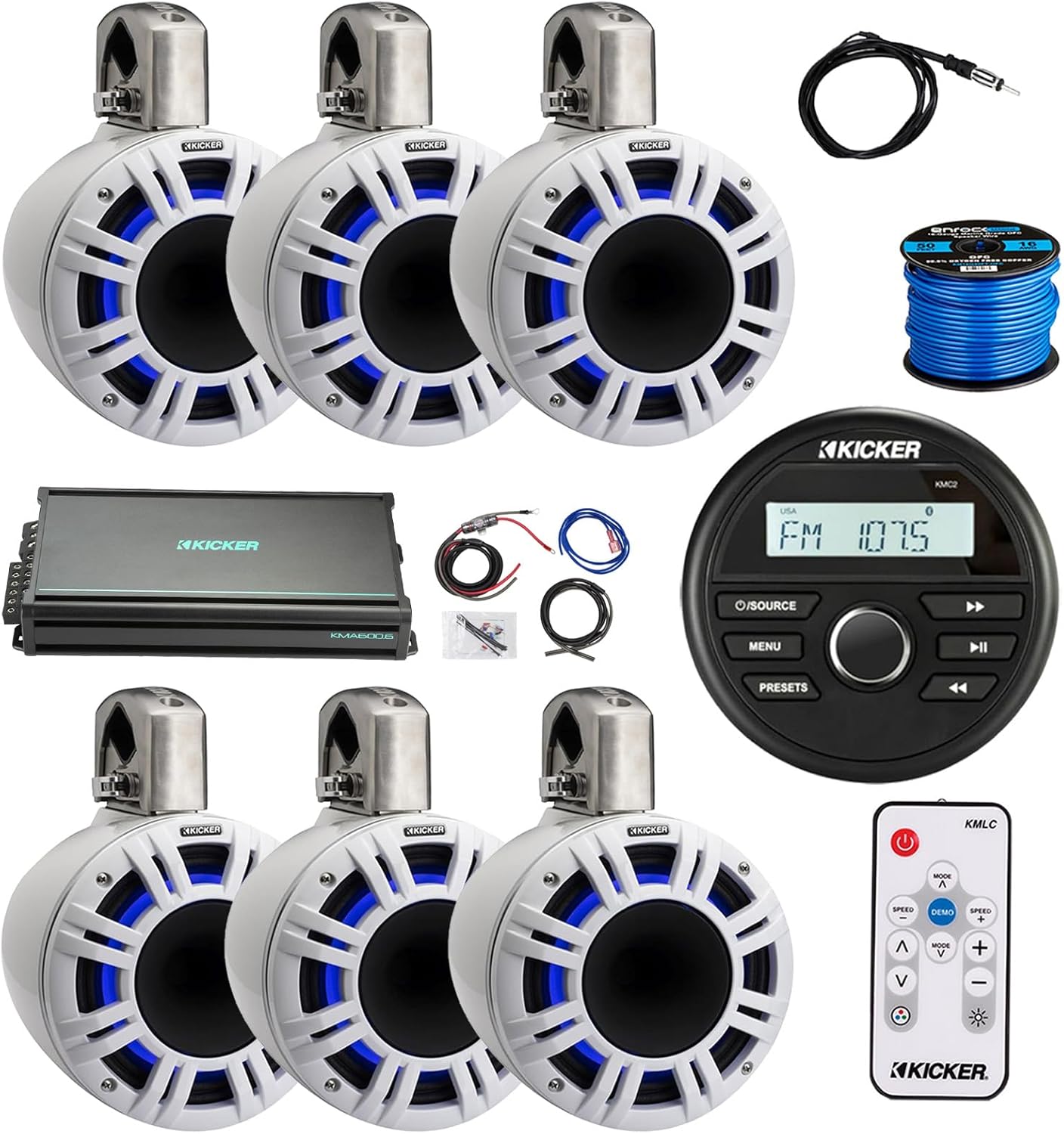 Kicker 46KMC2 Marine Gauge Style USB Bluetooth AM/FM Receiver, 6-Channel Amplifier w/Kit, 6X 6.5 300 Watt Peak Multicolor LED Marine HLCD Tower Speakers (White), Wire, 22" Radio Antenna, LED Remote