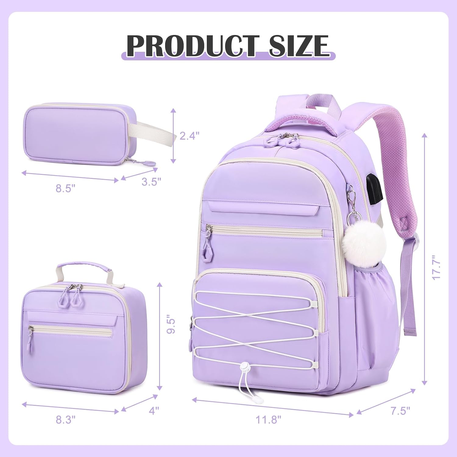 Backpack for Girls, 3 PCS Girls Backpack with Lunch Box, Pencil Cace Set for Teen Girl Kids, Bookbag School Backpacks for Elementary Middle High School College Students Age 3+ Purple - Image 2