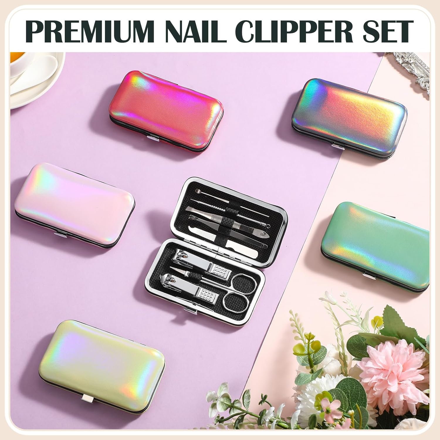60 Pack Manicure Set Bulk Gifts Stainless Steel Nail Clipper Set with Case 8 in 1 Personal Pedicure Kit for Women Men Gifts for Christmas(Mix Color,Stylish)