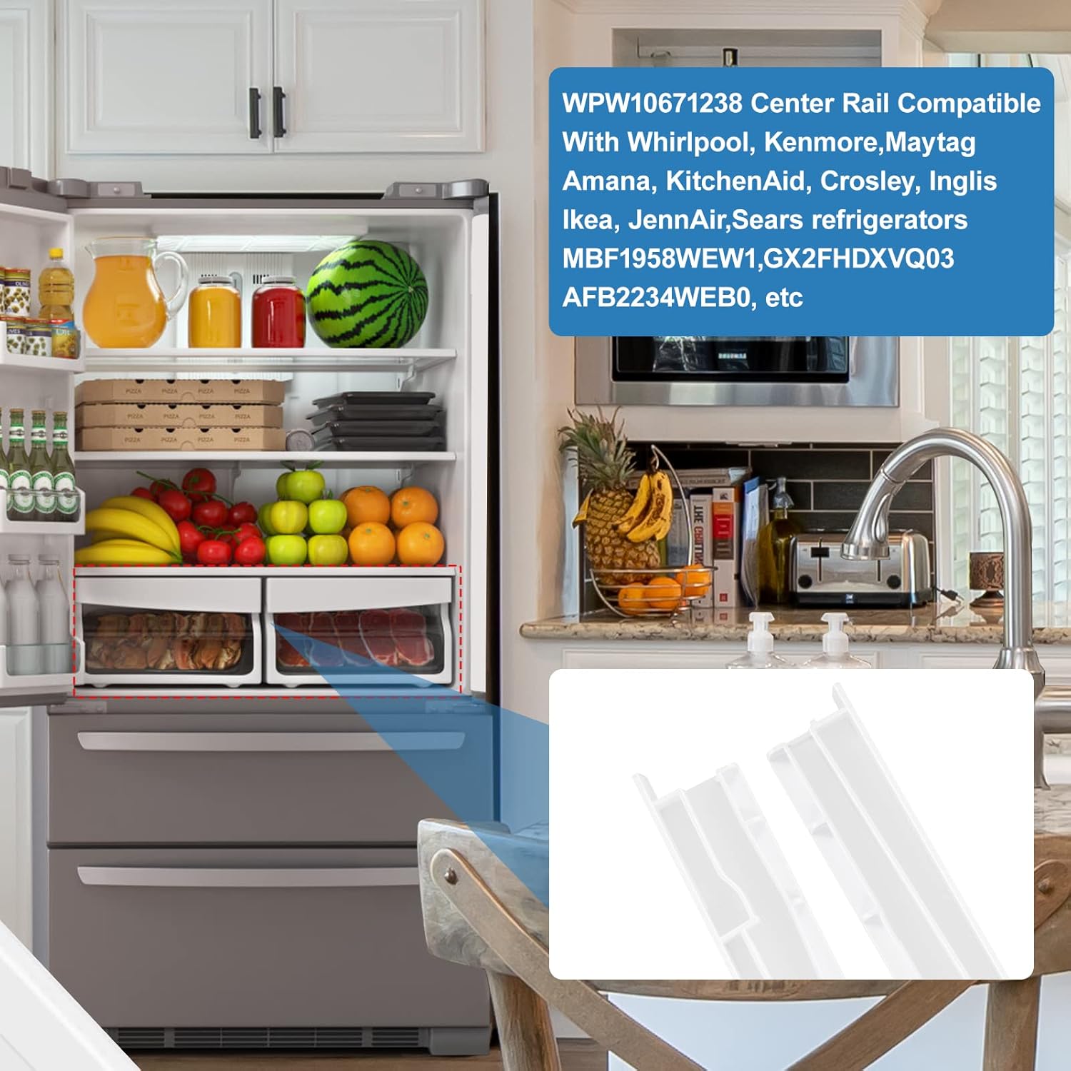 Refrigerator interior showing crisper drawers and compatible brands list