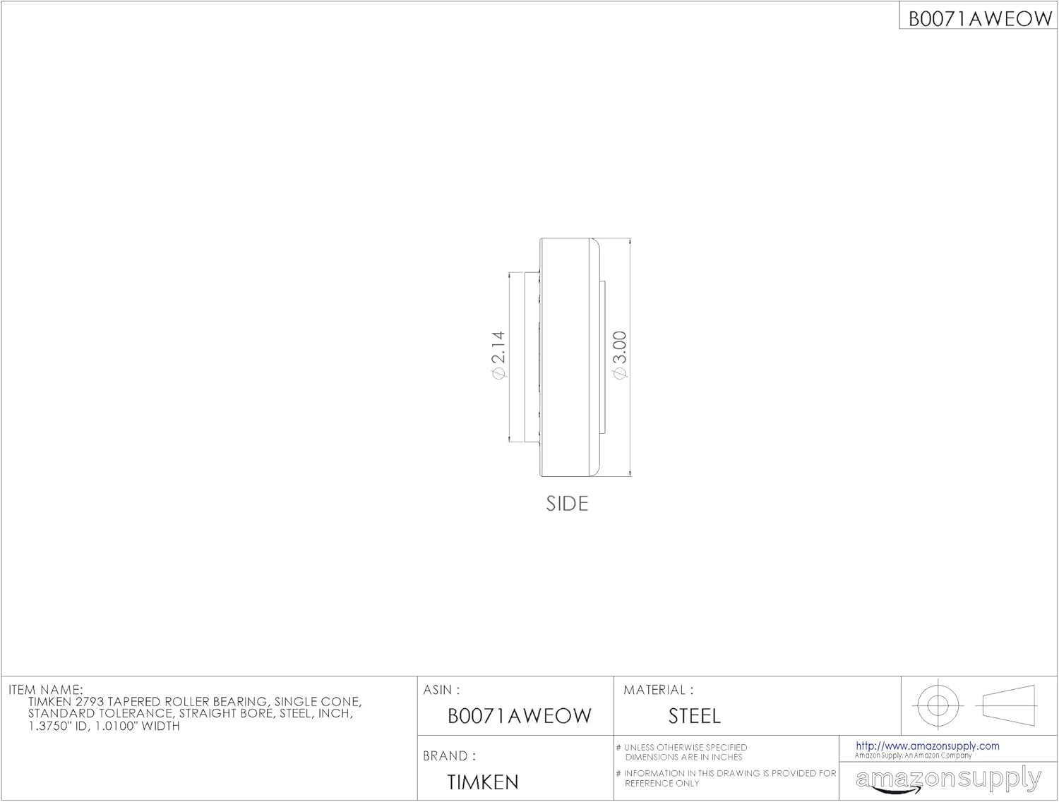 Timken 2793 Tapered Roller Bearing, Single Cone, Standard Tolerance, Straight Bore, Steel, Inch, 1.3750" ID, 1.0100" Width