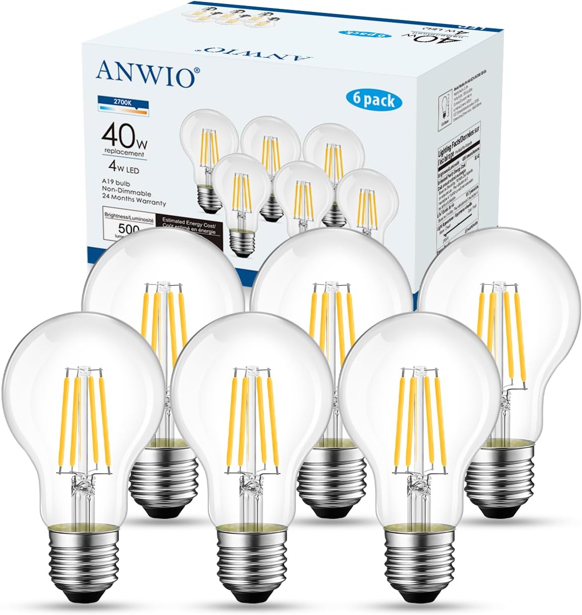 ANWIO A19 Vintage Edison LED Filament Bulb E26 Base, 4W (40W Equivalent) Warm White 2700K, 500 Lumens, Non-Dimmable, UL-Listed, Pack of 6
