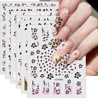 Leopard Print Nail Stickers Bow Decals for Nail Art Black Flower Nail Art Design 3D Self-adhesive Daily Nails Supplies French Leopard Print Nails Art Accessories for Women DIY Manicure Decoration 6Pcs
