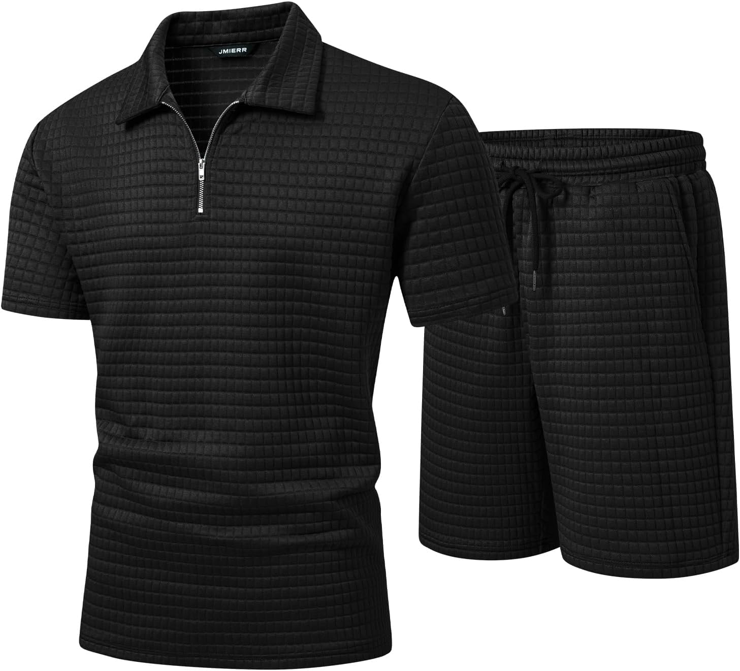 JMIERR Men's 2 Piece Waffle Knit Outfit Half Zip Polo Shirt and Shorts Textured Summer Set