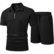 JMIERR Mens 2 Piece Waffle Knit Outfit Half Zip Polo Shirt and Shorts Textured Summer Set
