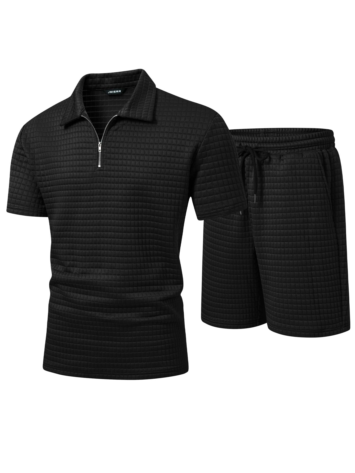 Men's 2 Piece Waffle Knit Outfit Half Zip Polo Shirt and Shorts Textured Summer Set