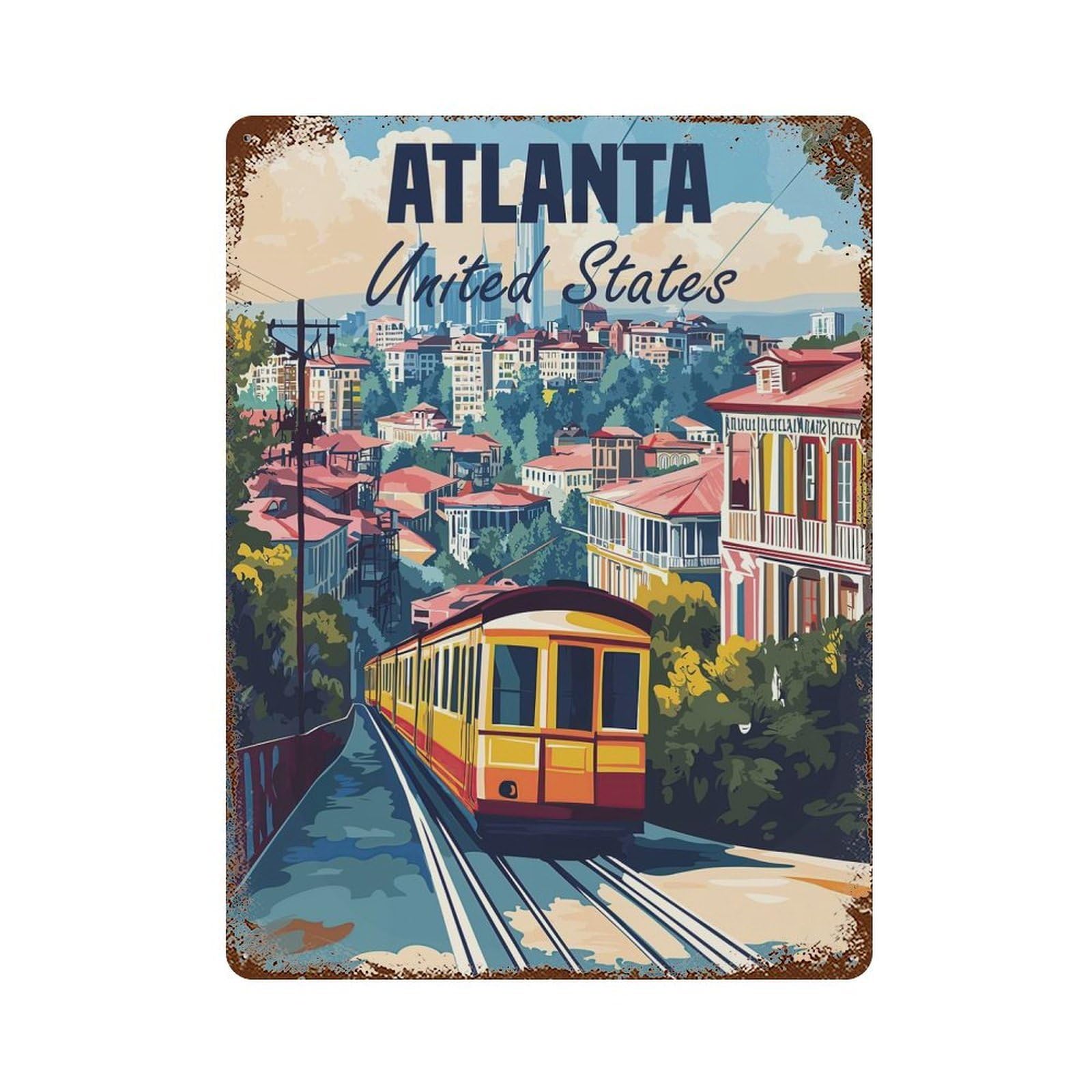 Rusty Metal Tin Sign with Atlanta Cityscape Design 15.7"x11.8", for Garage, Bar And Workshop Decor, Decorative Metal Wall Art
