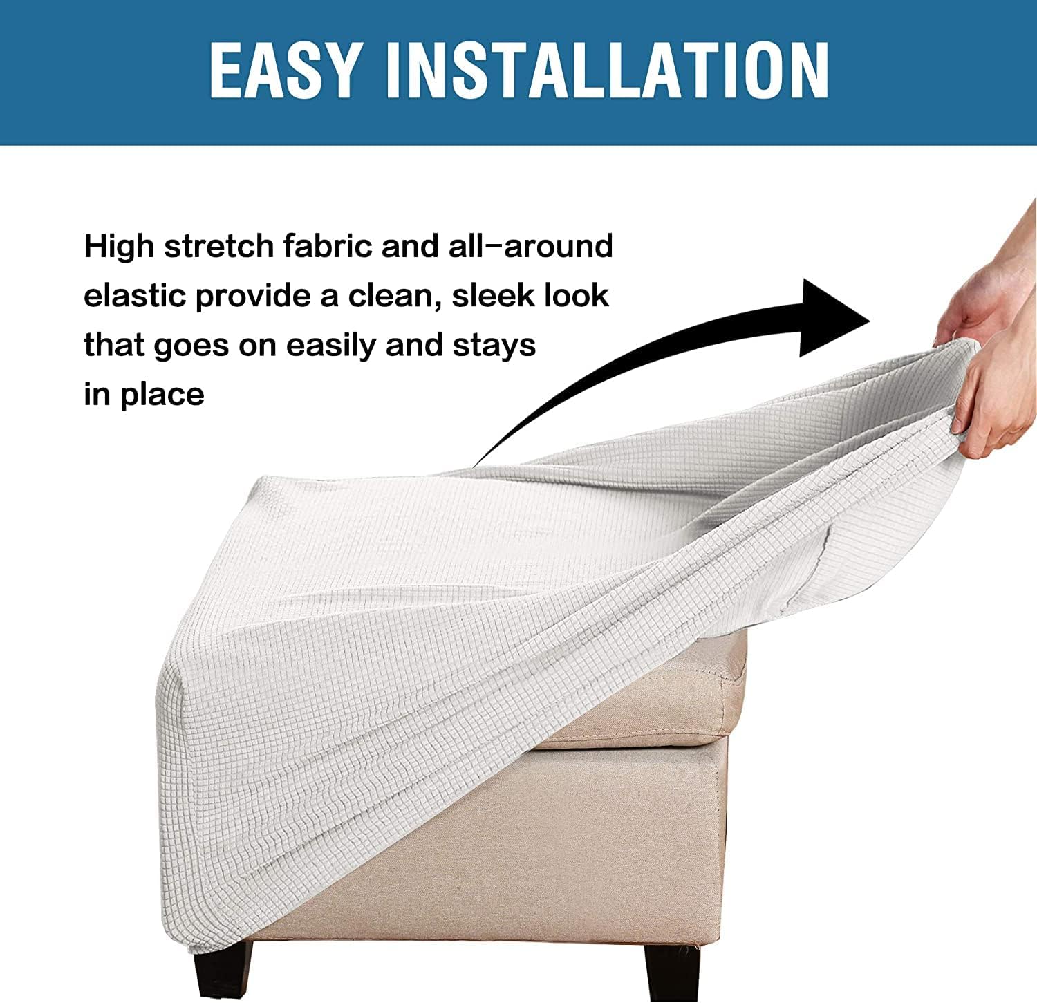 Square Jacquard Ottoman Covers Ottoman Slipcovers Folding Storage Stool Protector Elastic Bottom Stretch High Spandex Small Checks (X-Large,Off White)