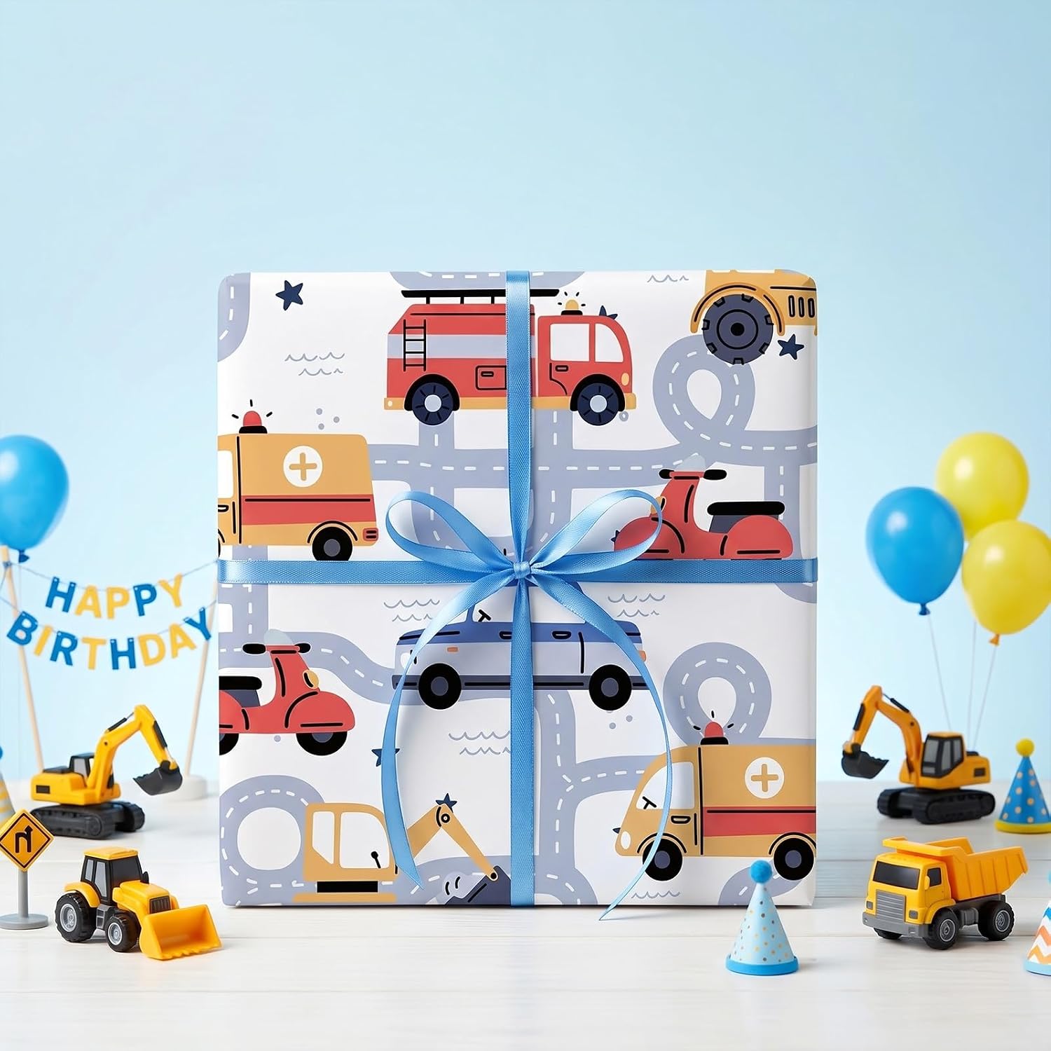 RUSPEPA Cartoon Vehicle Wrapping Paper Roll, Mini Roll, Ambulance, Fire Truck, Police Car & Road Design Gift Wrap Paper for Kids Boys, Birthday, Transportation Theme Party, 17 Inches x 9.8 Feet image 3