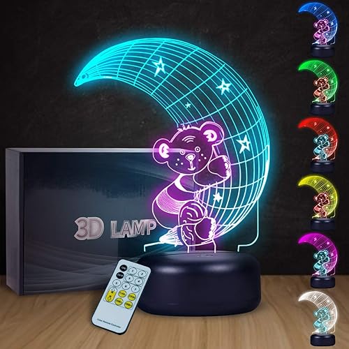 Preciosa lámpara de oso de luna 3D Visual Moon Bear LED Nightlight Interruptor táctil y control remoto Moon Bear Lámpara de escritorio 7 colores