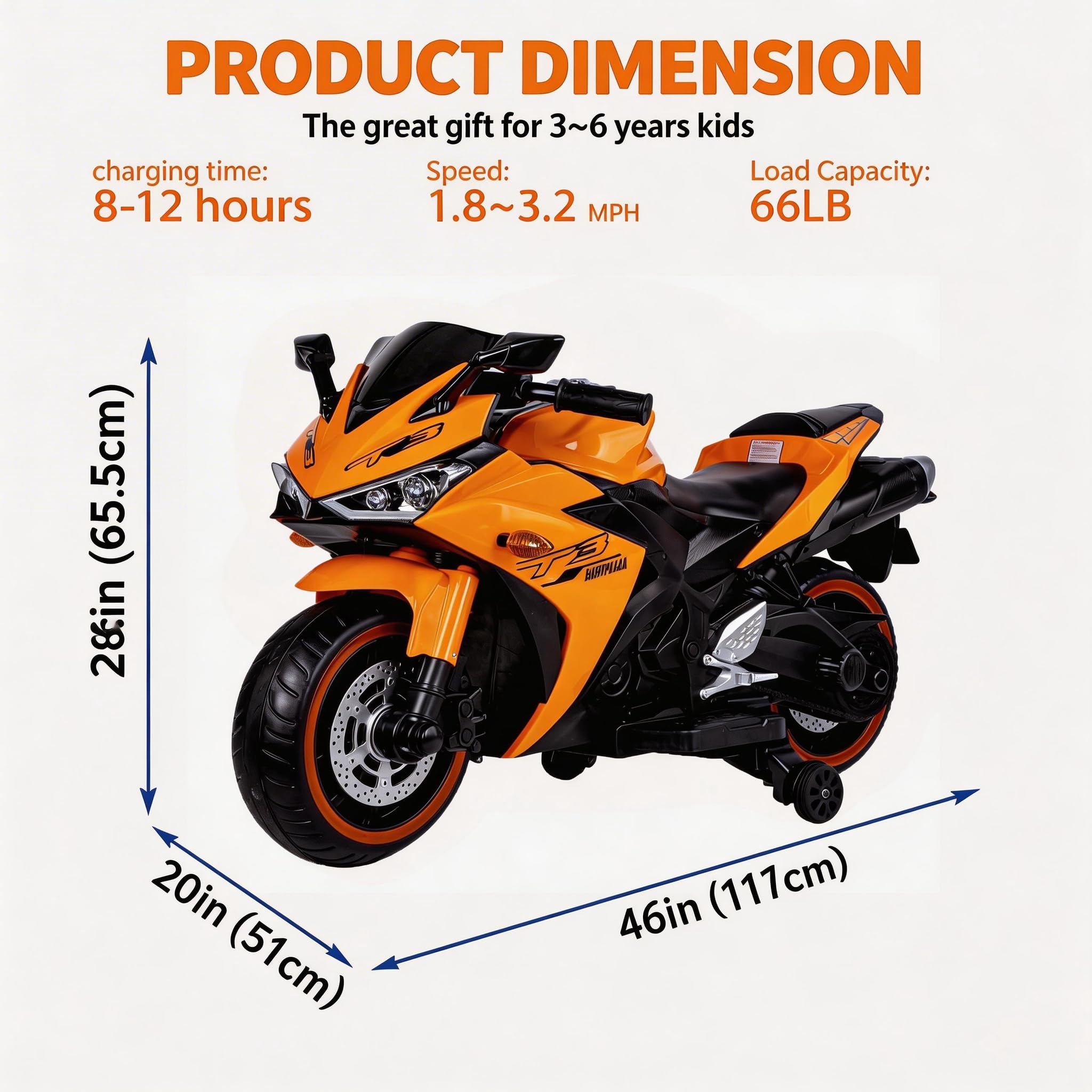 Moto elettrica per bambini, moto elettrica da 12 V, acceleratore manuale, mozzo ruota LED, funzione musicale, adatta per equitazione all'aperto, età 3-6 anni (arancione + plastica + 22,7-45 kg)