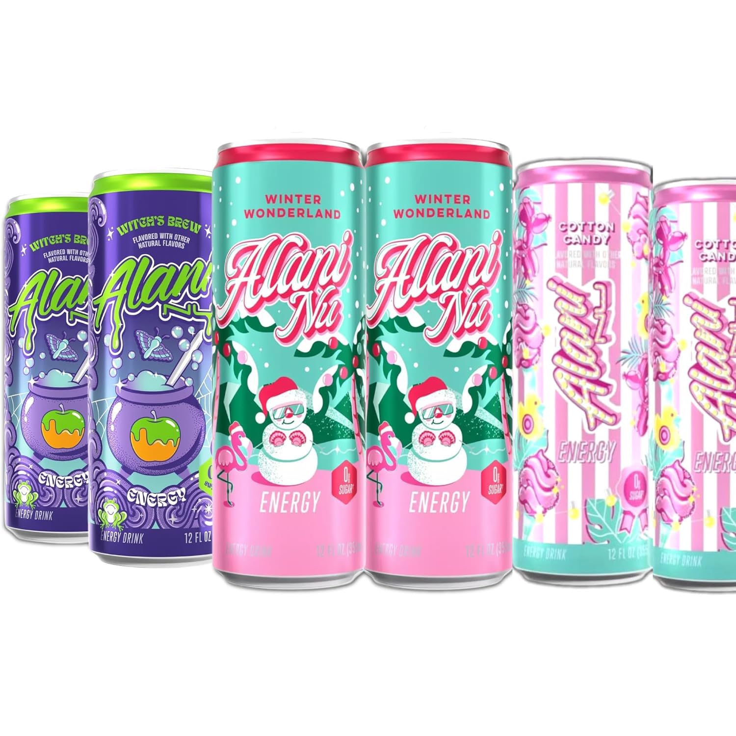 New Alani Energy Drinks Witches Brew, Winter Wonderland, Cotton Candy Variety Pack Sugar-Free, Low-Calorie, Energy Boost Drink 12 fl oz (Pack of 6) (Packaging May Vary)