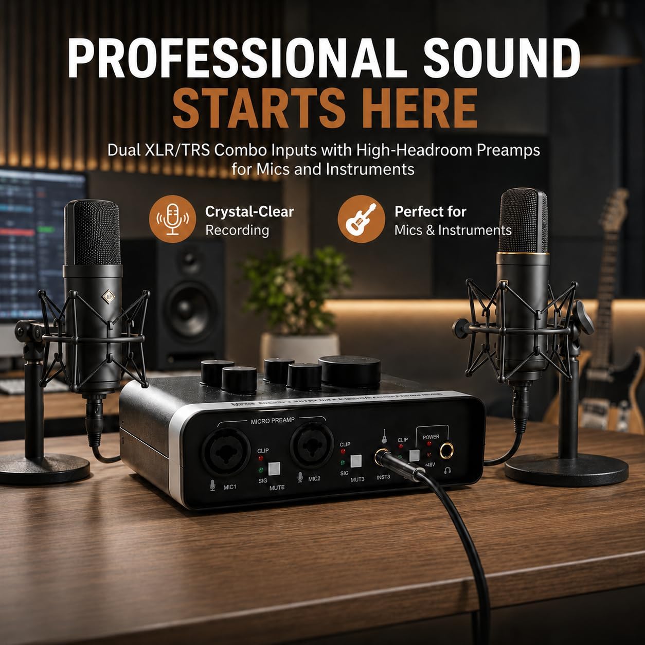 USB Audio Interface with 48V Phantom Power, XLR/TRS Inputs, USB C Recording Interface with Direct Monitor & Echo Control, 48kHz Audio Interface for PC Mac iOS, Guitar, Mic, Podcast