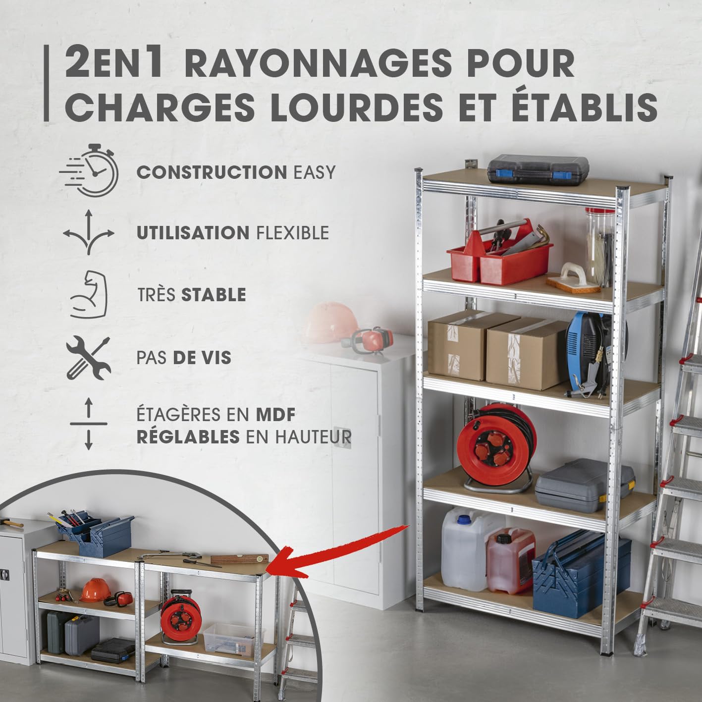 EASYmaxx Etagère pour Charges Lourdes, Set de 2, 180x90x40cm | 1750kg de Charge, 175kg par Niveau | Etagère & établi | Etagère de Stockage, étagère de Cave | 10 étagères réglables pour Plus d'espace
