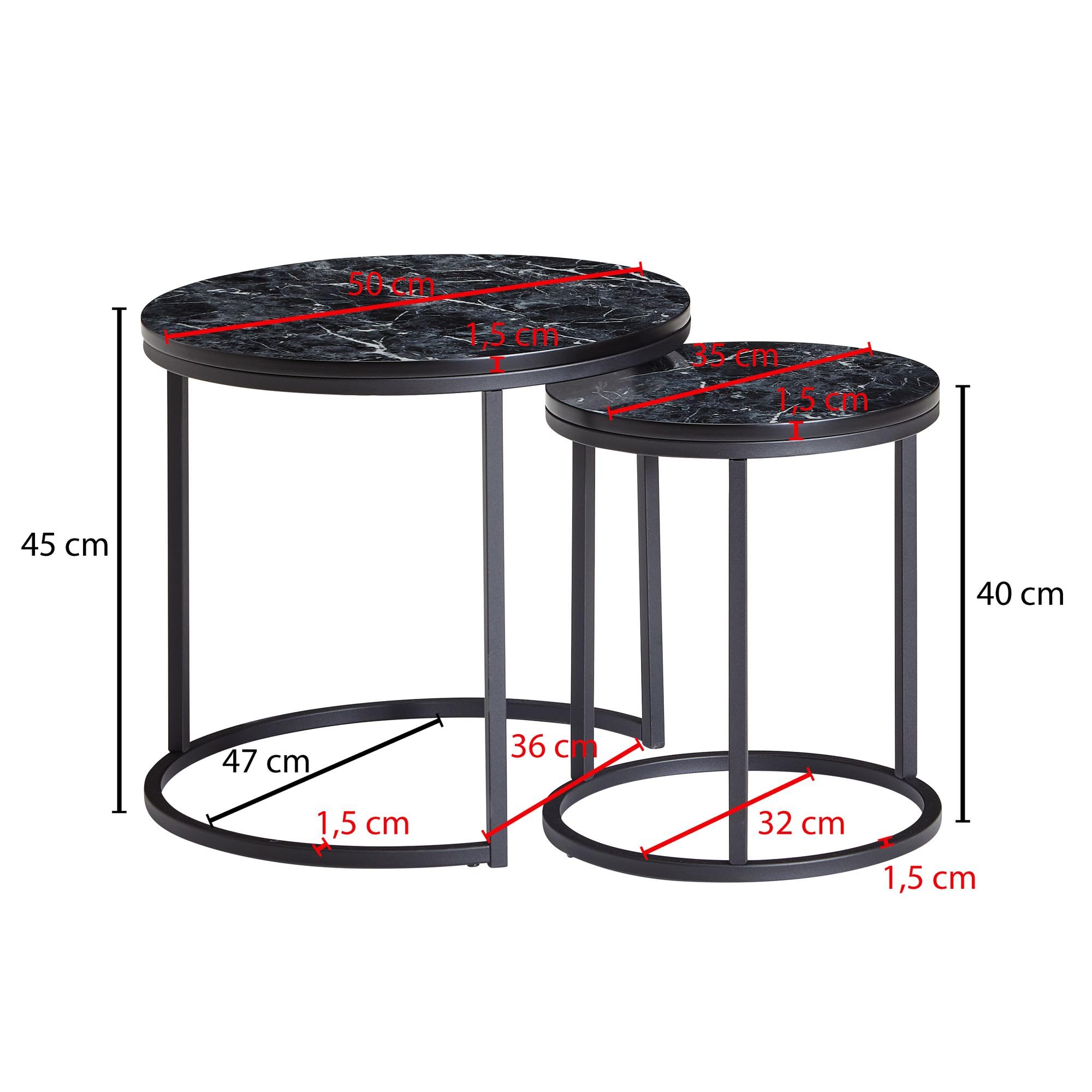 Set Di 2 Tavolini Da Salotto Effetto Marmo Nero WOHNLING - Impilabili, Struttura In Metallo, Moderni