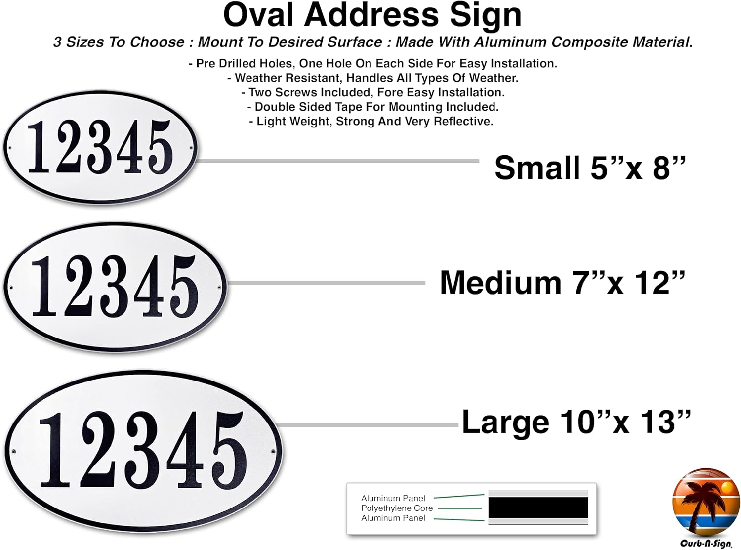 Customized Oval Address Plaques for Outside, made in USA UV reflected Address Plaque, Rust Free, Pre-Drilled Mailbox Numbers Plaques (White)