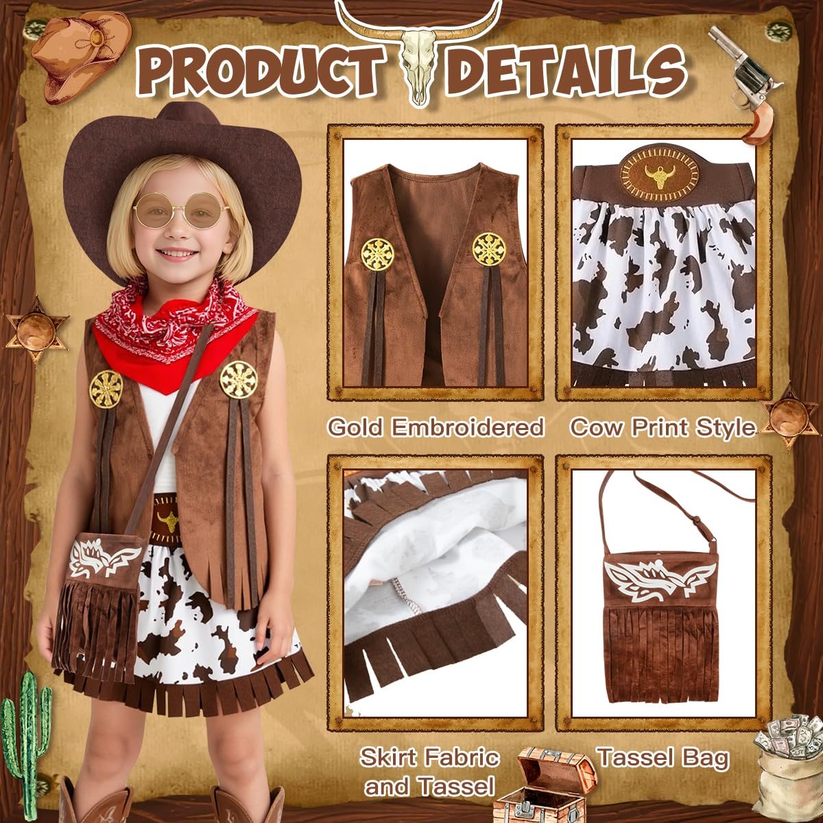 Deguisement Cowgirl Enfant Fille, Robe Western pour Fille avec Bandana, Chapeau Cowboy, Cowgirl Costume pour Halloween Carnival Cosplay Party, Deguisement Fille 5-10 Ans