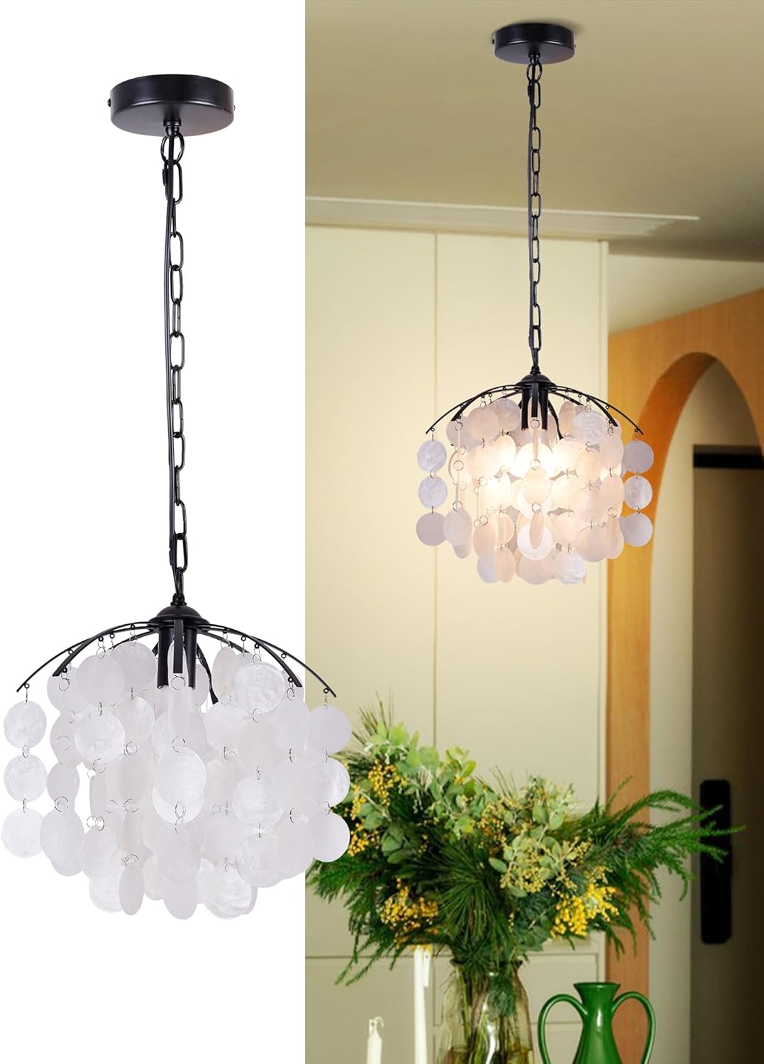 Capiz Shell Pendant Light, 12.6” Black Coastal Hanging Chandelier, Adjustable Height up to 51”, E26 Hardwired Ceiling Light for Living Room, Home Office, Bedroom, Boutique