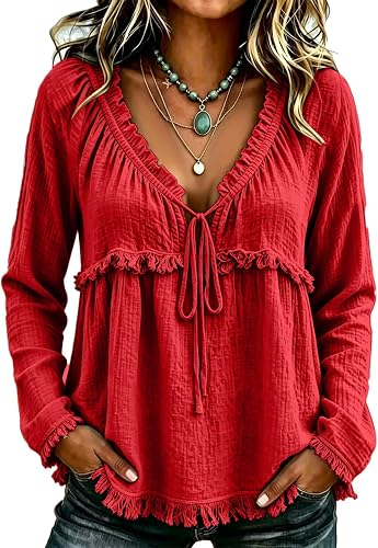 Peplum Fringe Lace Up Long Sleeve Boho Tops for Women V-Neck Top Red