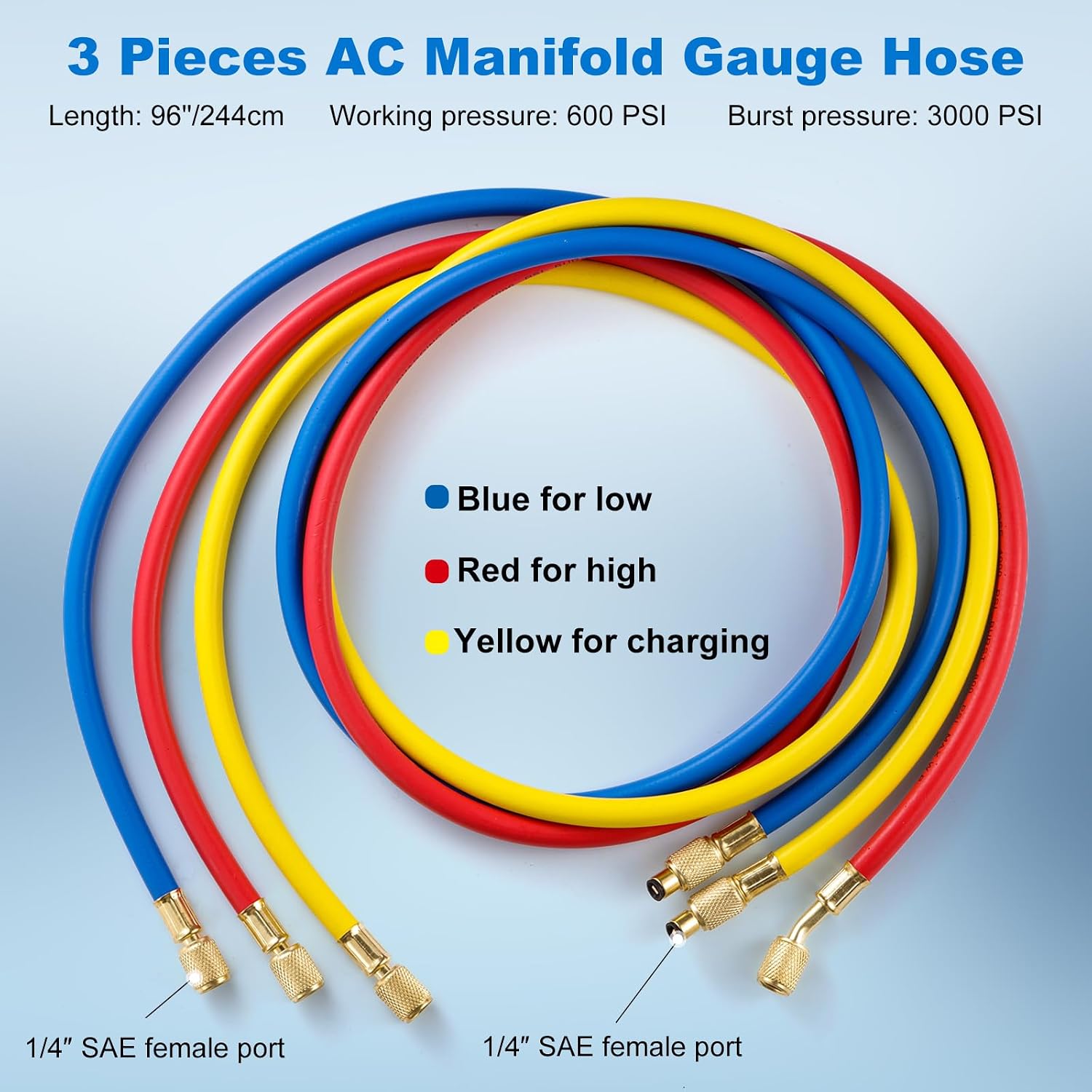 AC Manifold Gauge Hose Kit, Refrigerant Charging Hoses for R134A R22 R12