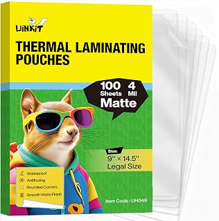 Uinkit 4Mil 매트 리갈 사이즈 라미네이팅 파우치, 21.6 x 35.6cm(8.5 x 14인치), 100팩, 기포 방지, 문서, 메뉴, 인증서 및 학교/사무실용 크리스탈 클리어 열 라미네이팅 시트