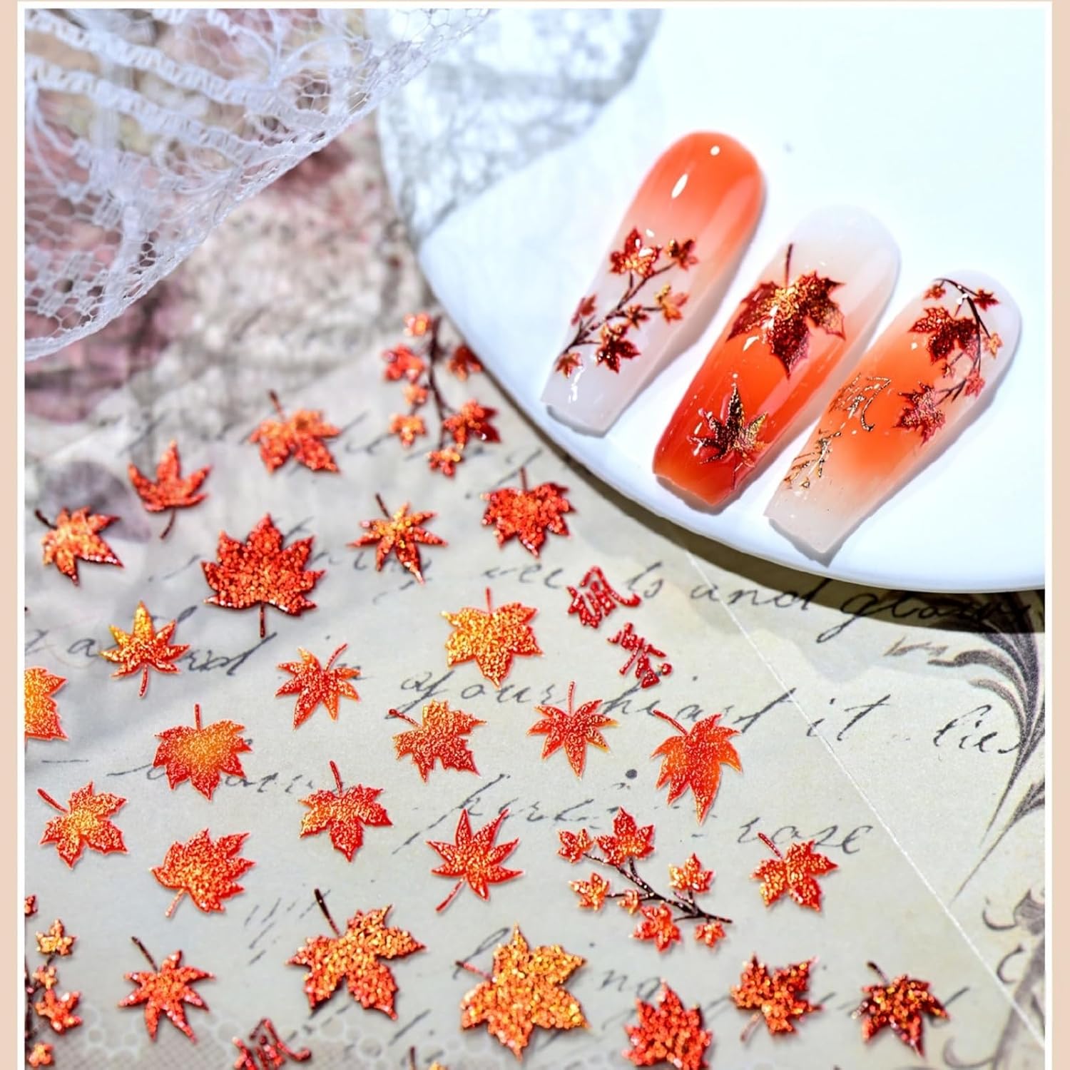 Fall Nail Art Stickers 5D Embossed Autumn Maple Leaf Nail Stickers for Nail Art Self-Adhesive Nail Supplies for Women Manicure Decorations image 3