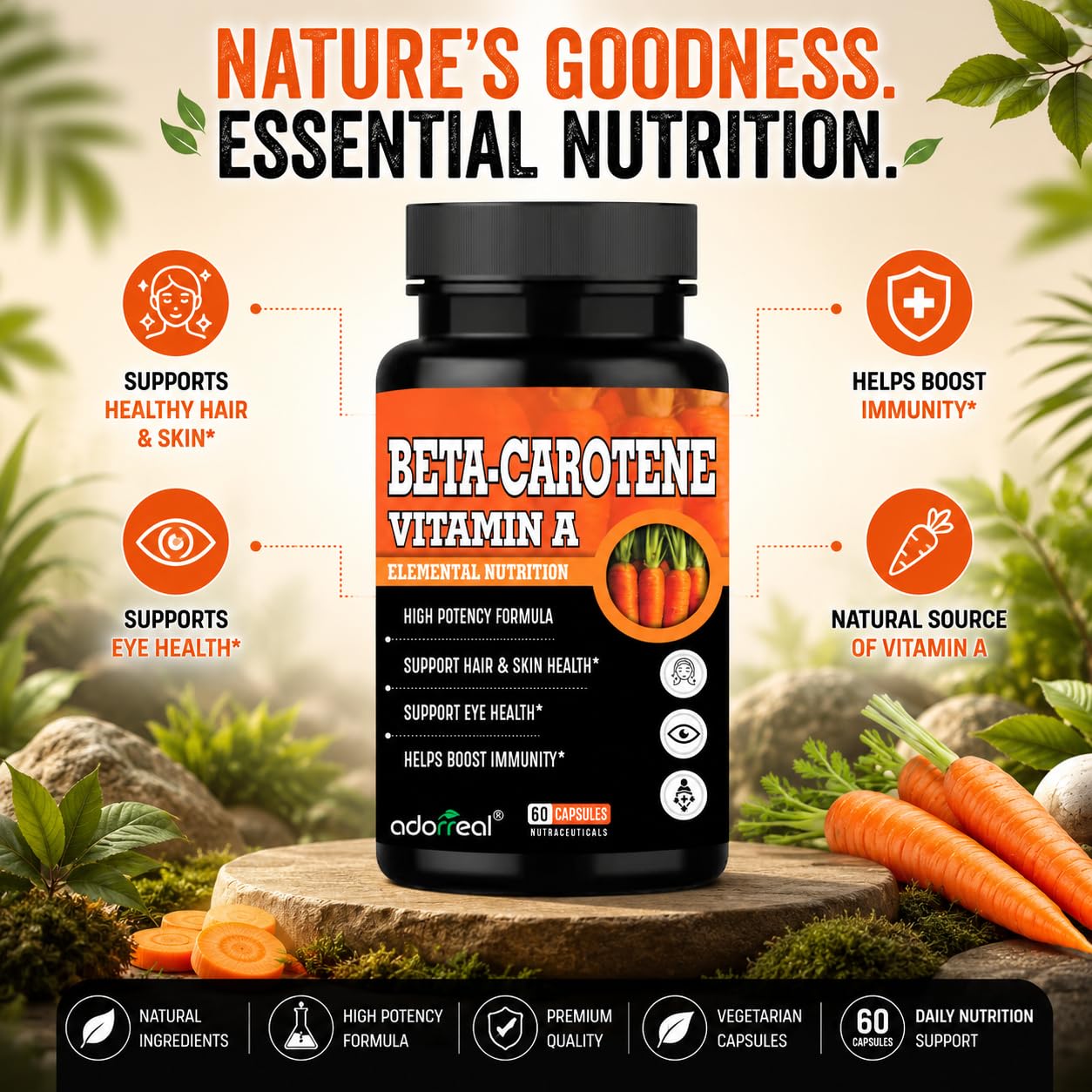 Adorreal Beta-Carotene Vitamin A Capsules | 25,000 IU Vitamin A from Beta-Carotene | Vegetarian Capsules | Supports Eye Health, Skin Health & Normal Immune Function | 60 Capsules 2