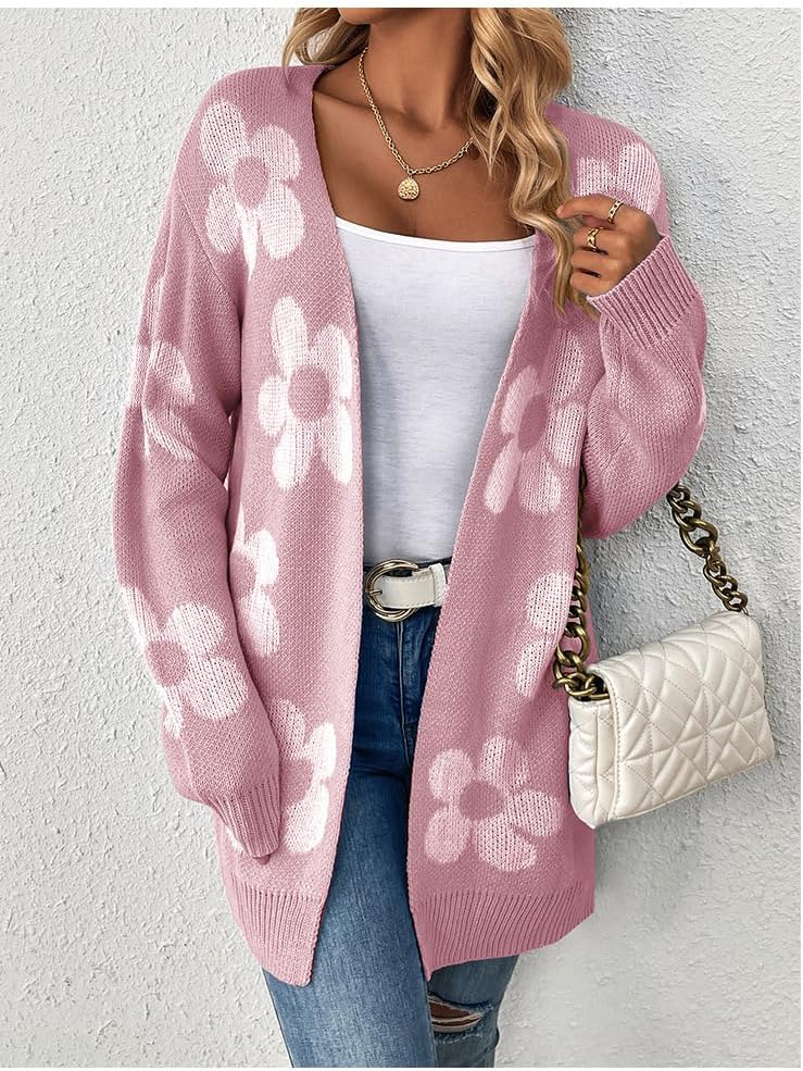 utcoco Womens Long Sleeve Cardigan Sweaters Boho Floral Casual Loose Fit Oversized Open Front Knit Outerwear
