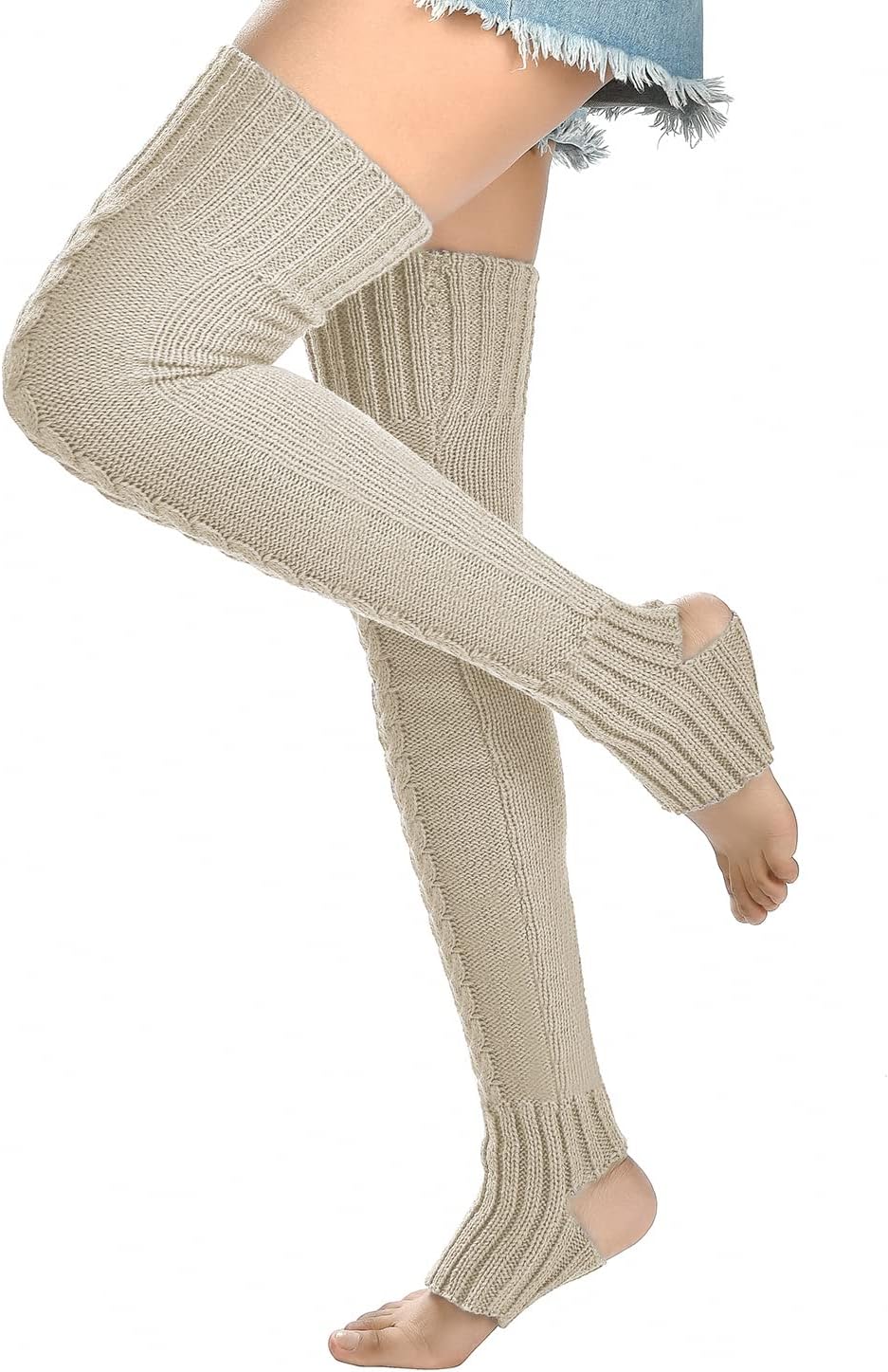 Women's Cable Knitted Thigh high Leg Warmers Extra Long Stirrup Over Knee High Warm Footless Socks Stockings - Image 2