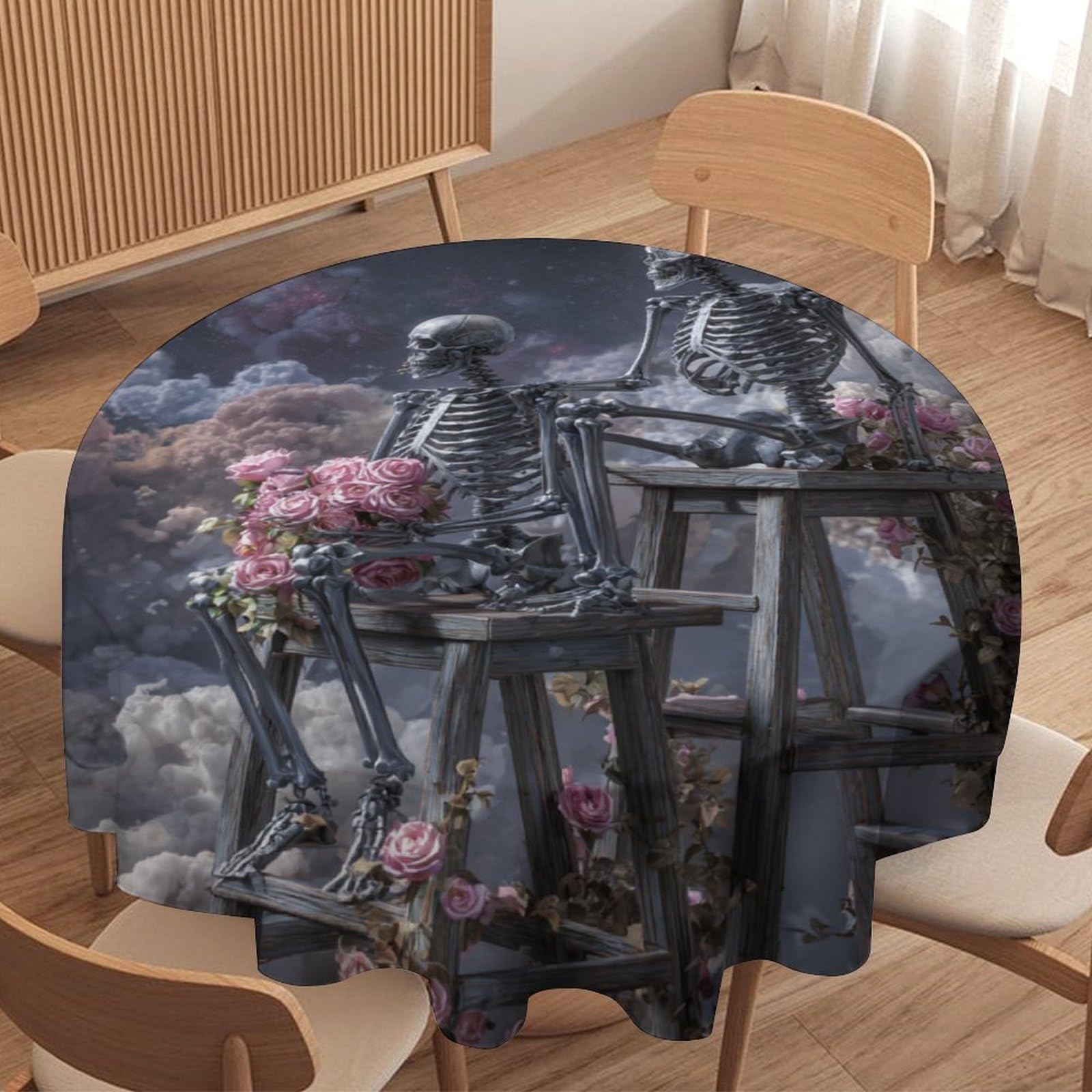 LUYYSKY Fantasy Gothic Skeleton Couple Round Tablecloth Rustic Aesthetic Full Moon Roses Floral Skull Pattern Washable Decor for Table Cover for Kitchen-177.8" Wx177.8 L cm