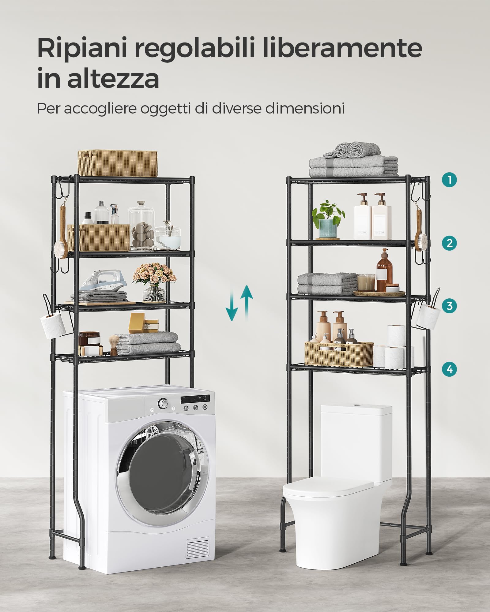 SONGMICS Scaffale sopra WC a 4 Ripiani, Scaffale da Bagno in Metallo, Ripiani Regolabili, con 4 Ganci e Portarotolo, Salvaspazio, 30 x 63 x 176 cm, Nero BTS013B01