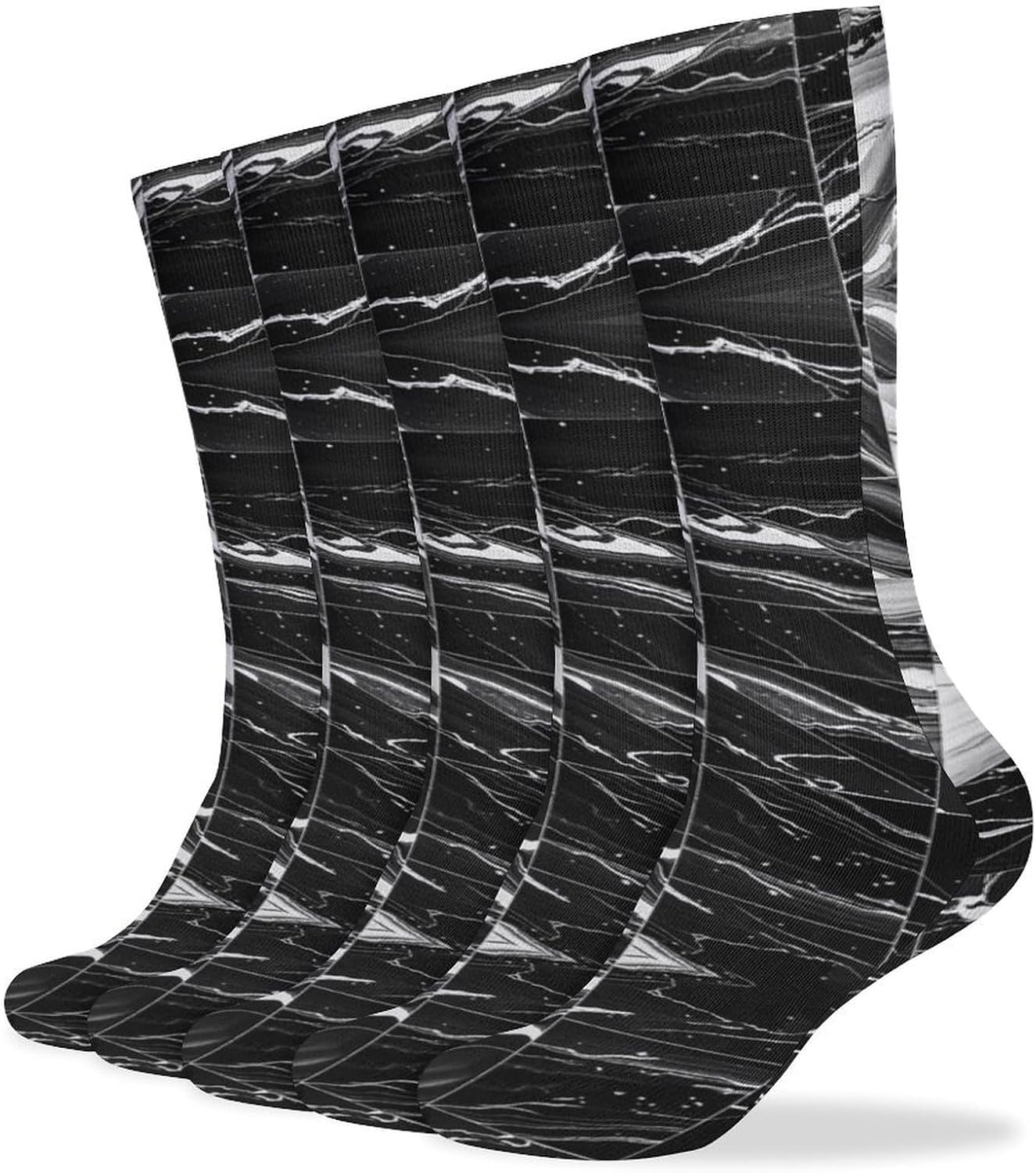 5 Pairs Knee High Socks Black Marble Long Tube Boot Seamless Toe