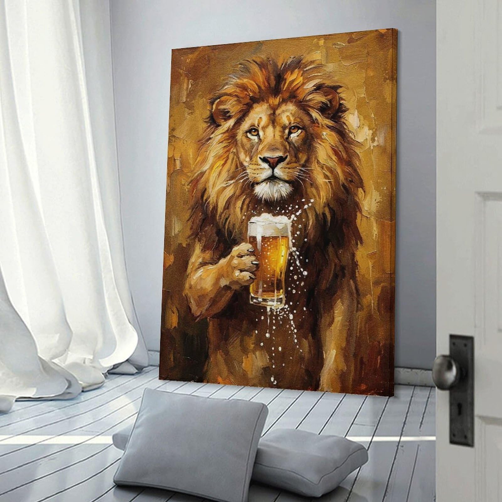 Junmoney Canvas Wall Art Lion with Beer Painting, 24x36inch(60x90cm), for New Homes, Bedrooms Or Workspaces, Canvas Artwork with Gifting Potential