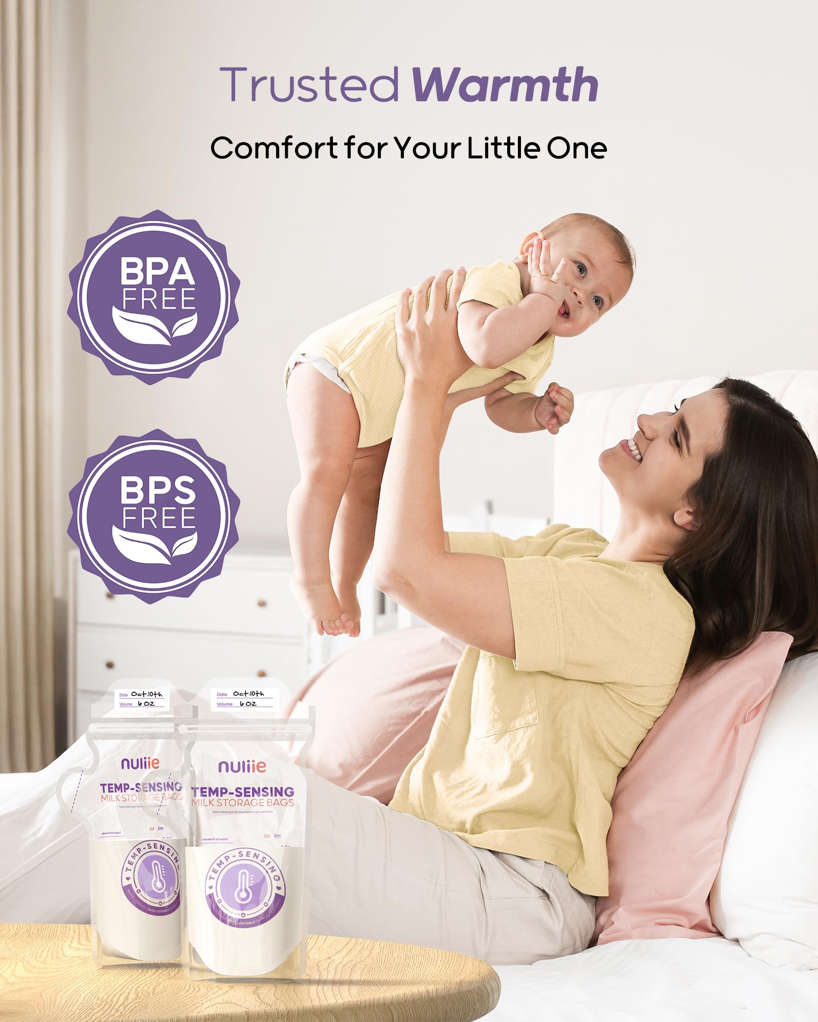 Nuliie 60pcs Temp-Sensing Breastmilk Storage Bag, Huge Temp-Sensing Icon & Locking Clamp, 6oz Breast Milk Storage Bags Freezer Pour Spout, Self Standing Milk Storage Bags Breastmilk, BPA-Free No-Leak