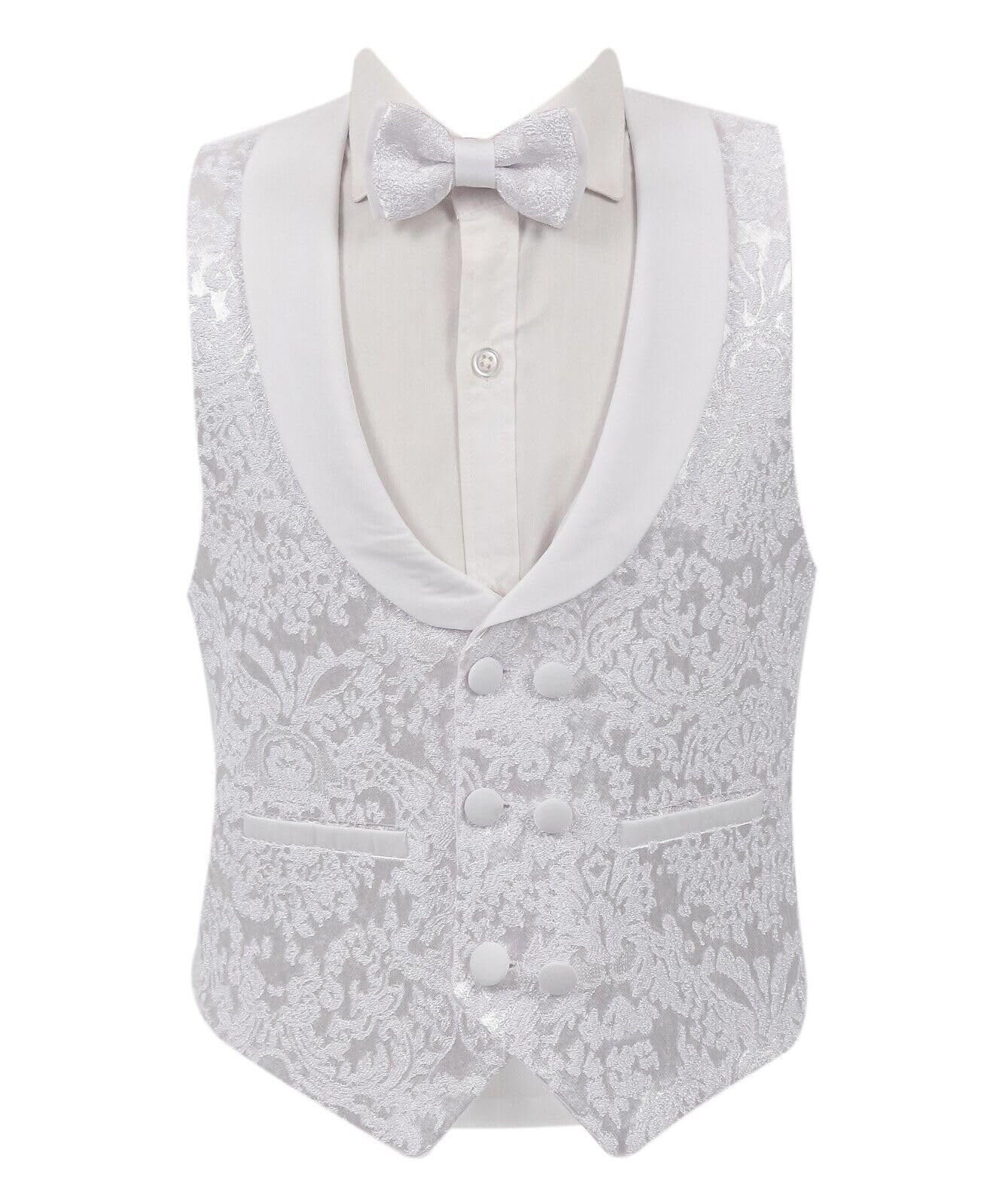 SIRRI Ragazzi Smoking Slim Fit Fantasia Abito Formale Comunione Ballo di fine Anno Matrimonio 5 Pezzi Set Completo in Bianco