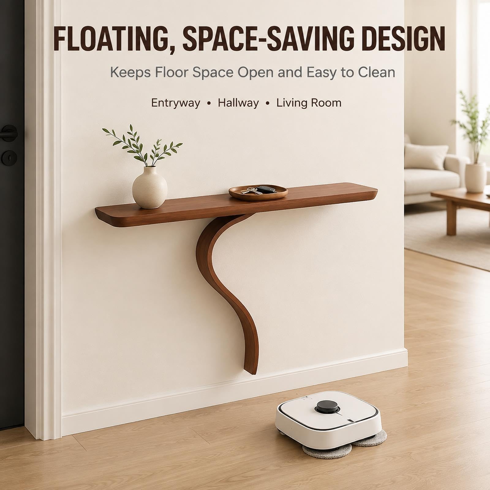 Console Murale, Table d’Entrée Flottante en Bois Massif, Courbe en S