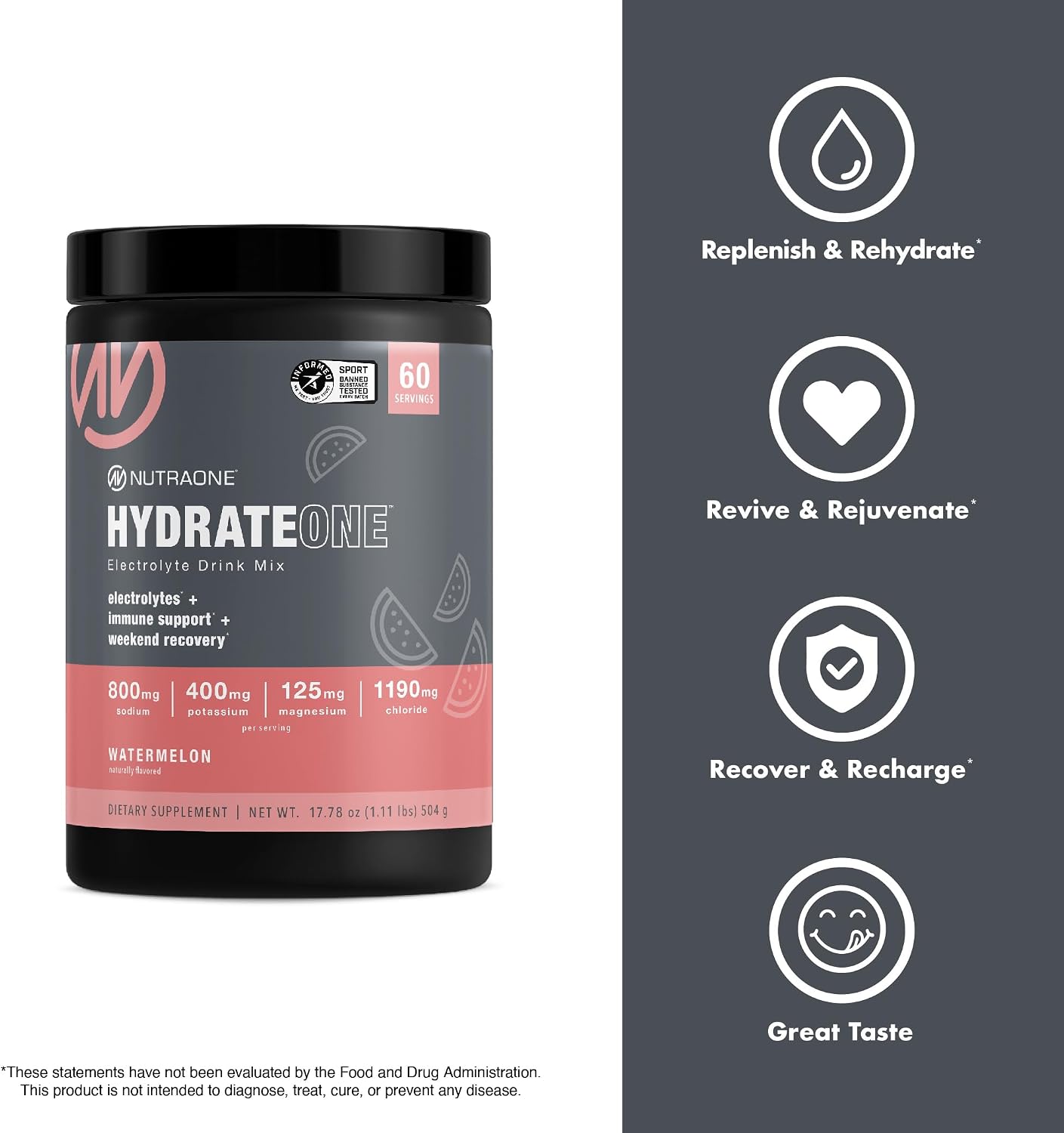 NutraOne HydrateOne, Electrolyte Drink Mix On-The-Go | Watermelon, 60 Servings
