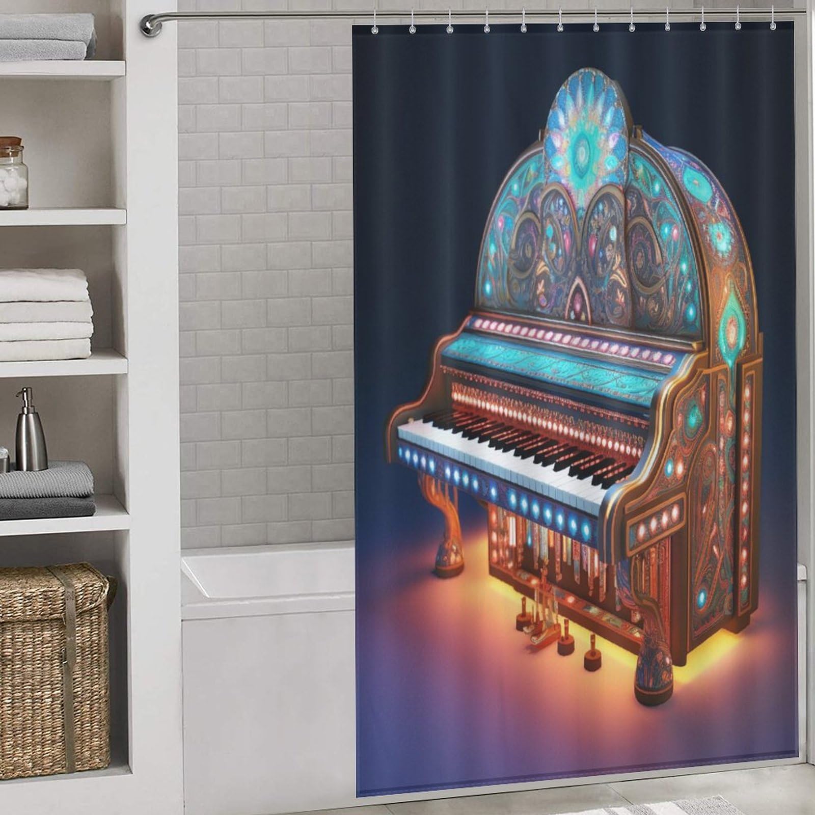 Rideau de douche piano en polyester lavable et imperméable avec ses 12 crochets