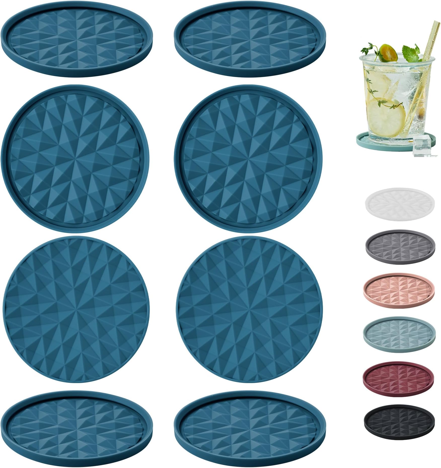 Silicone Coasters for Drinks[8 Pack, No Holder]- Cup Mat for Tabletop Protection-Non-Slip, Non-Stick, Coffee Table Decor, Great Gift for Any Occasion, Dark Blue