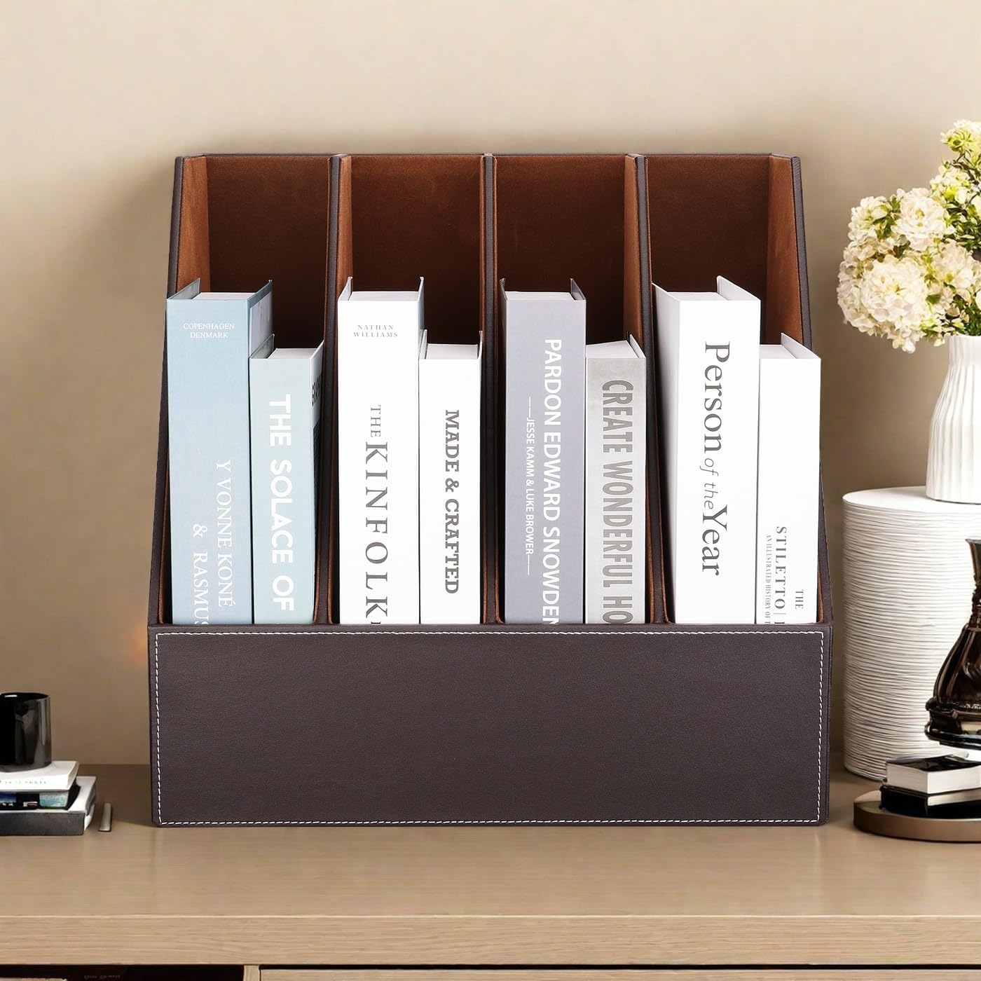 KINGFOM 4-Slot Wood Leather Document Files Holder Rack Stand Desk Files Organizer Papers Collection Cabinet (4 slot brown)