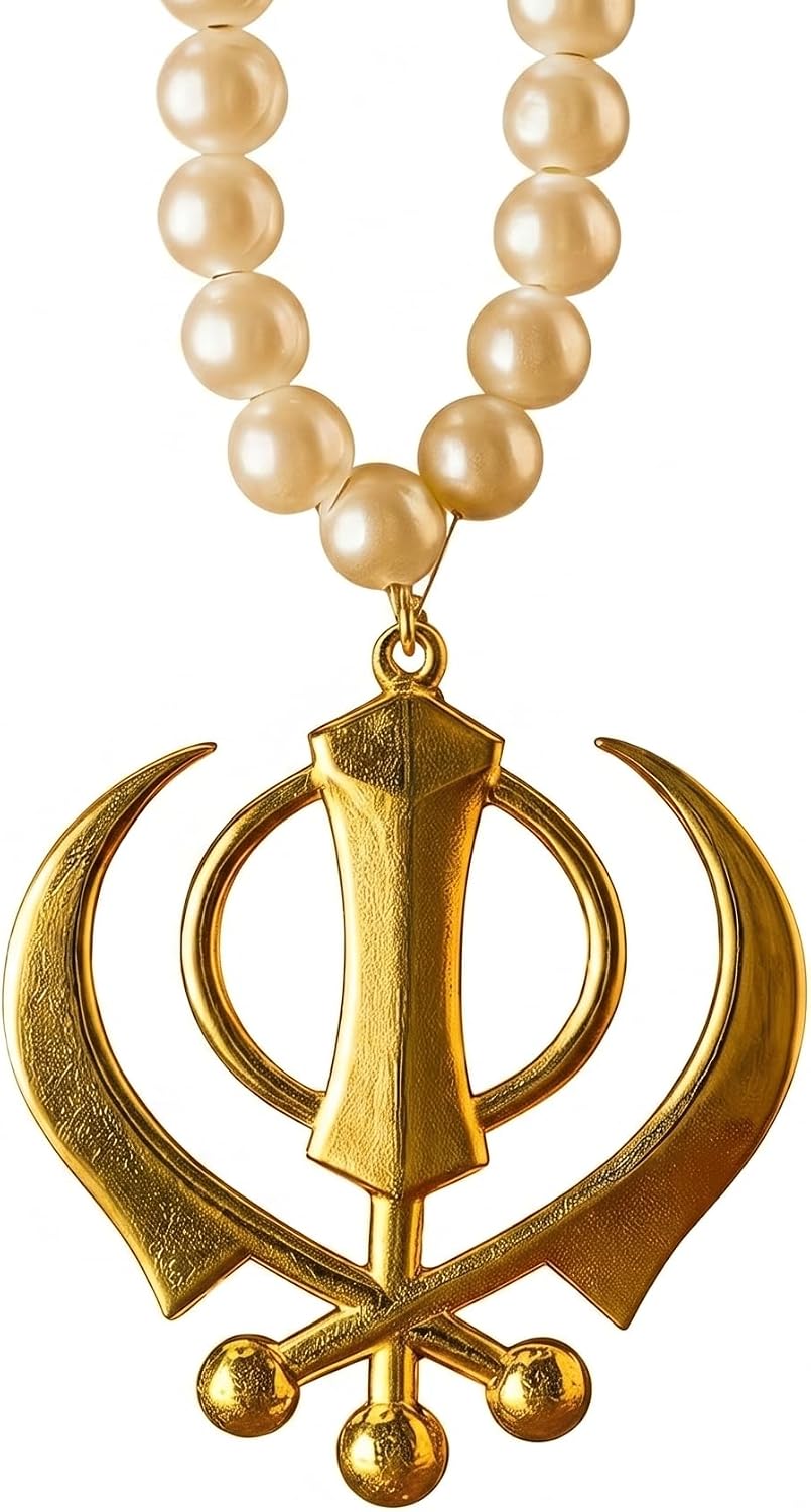 Khanda Car Hanging with Natural Pearls and Stainless Steel. Rear Mirror Sikh Accessories Punjabi Car Accessories (Golden)