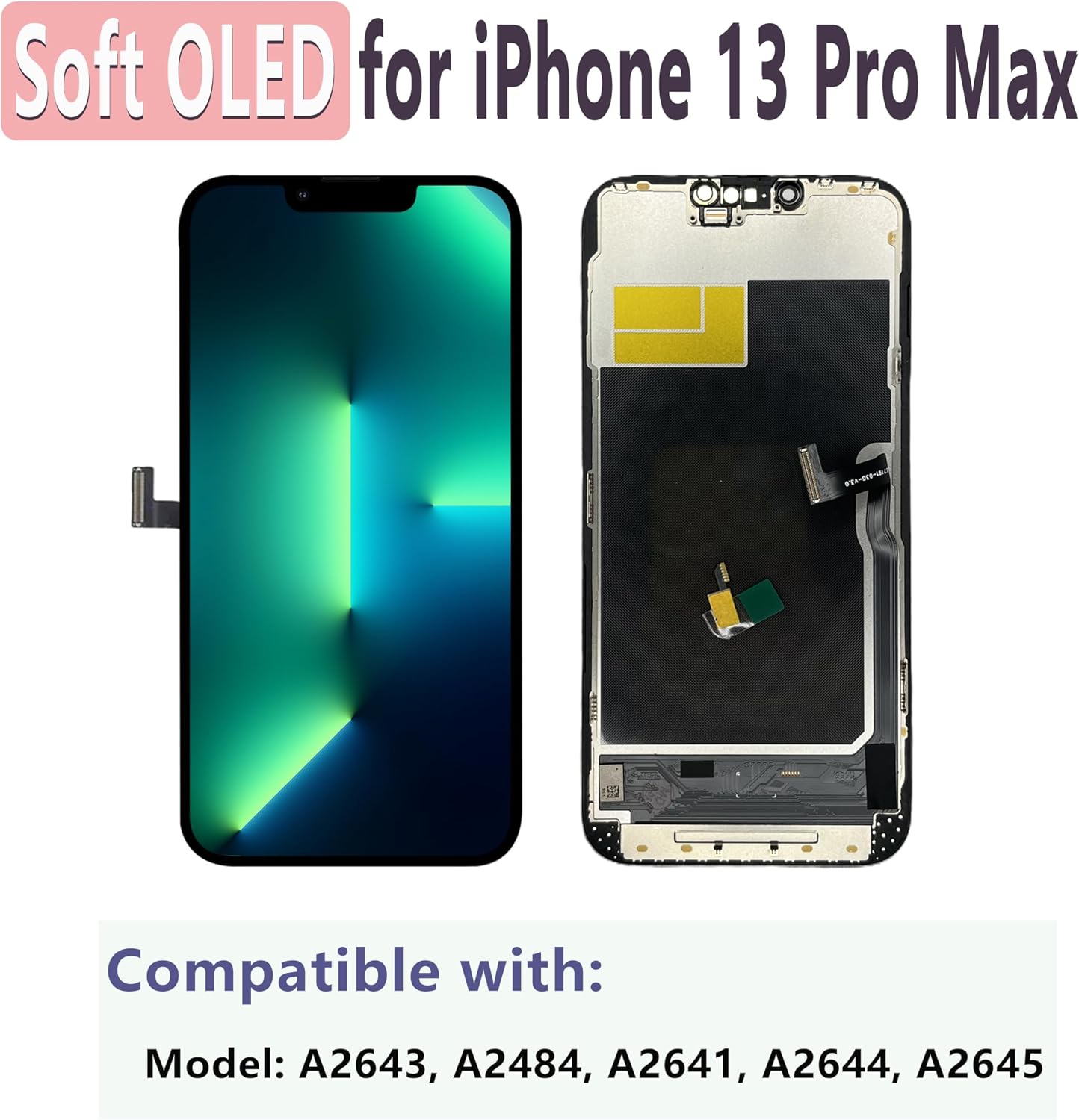 MP+ for iPhone 13 Pro Max Soft OLED Screen Replacement,[Face ID] 3D Touch Screen Display Digitizer Assembly with Waterproof Adhesive Tape and Repair Tools Kit