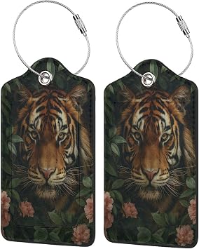 Tiger, Pink Flower, Leaves Stainless Steel Circular Ring Leather Travel Bag Luggage Tag with Privacy Cover