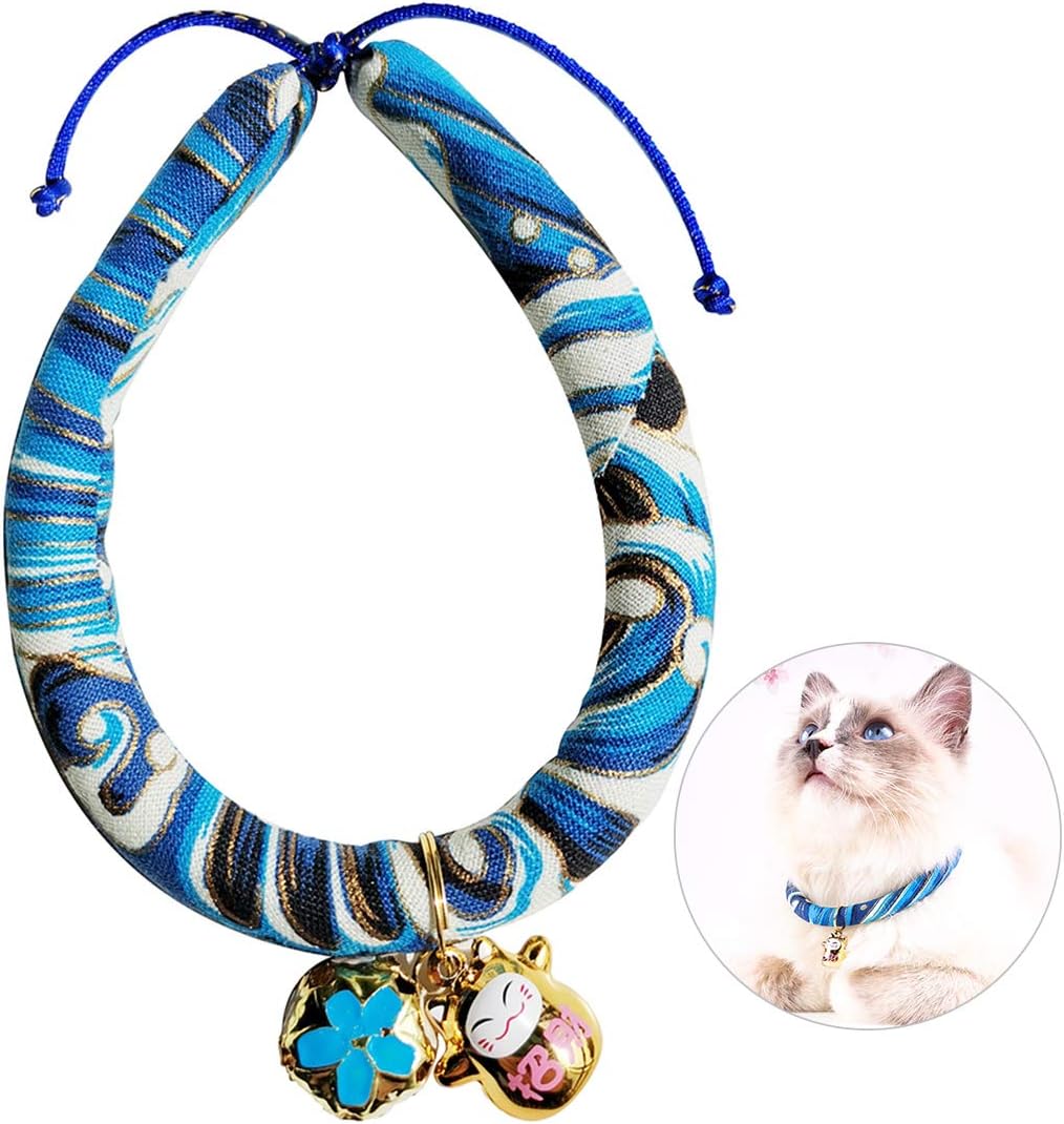 Cat Collar with Bell, Floral Pattern, Japanese Chirimen Kimono Kitten Collars for Kitty Puppy Small Pets, Adjustable Kitty Safety Collars(Ukiyo-e,M)