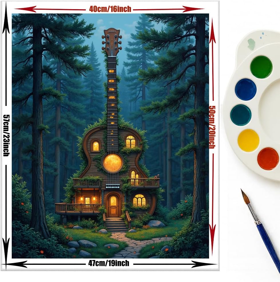 EnLvYY Guitar Shaped House in Forest Paint by Numbers Kit for Adults, DIY Acrylic Painting on Canvas 16x20 Inch, Magical Forest Home with Glowing Windows, Unframed, Gift for Music and Fantasy Lovers image 2