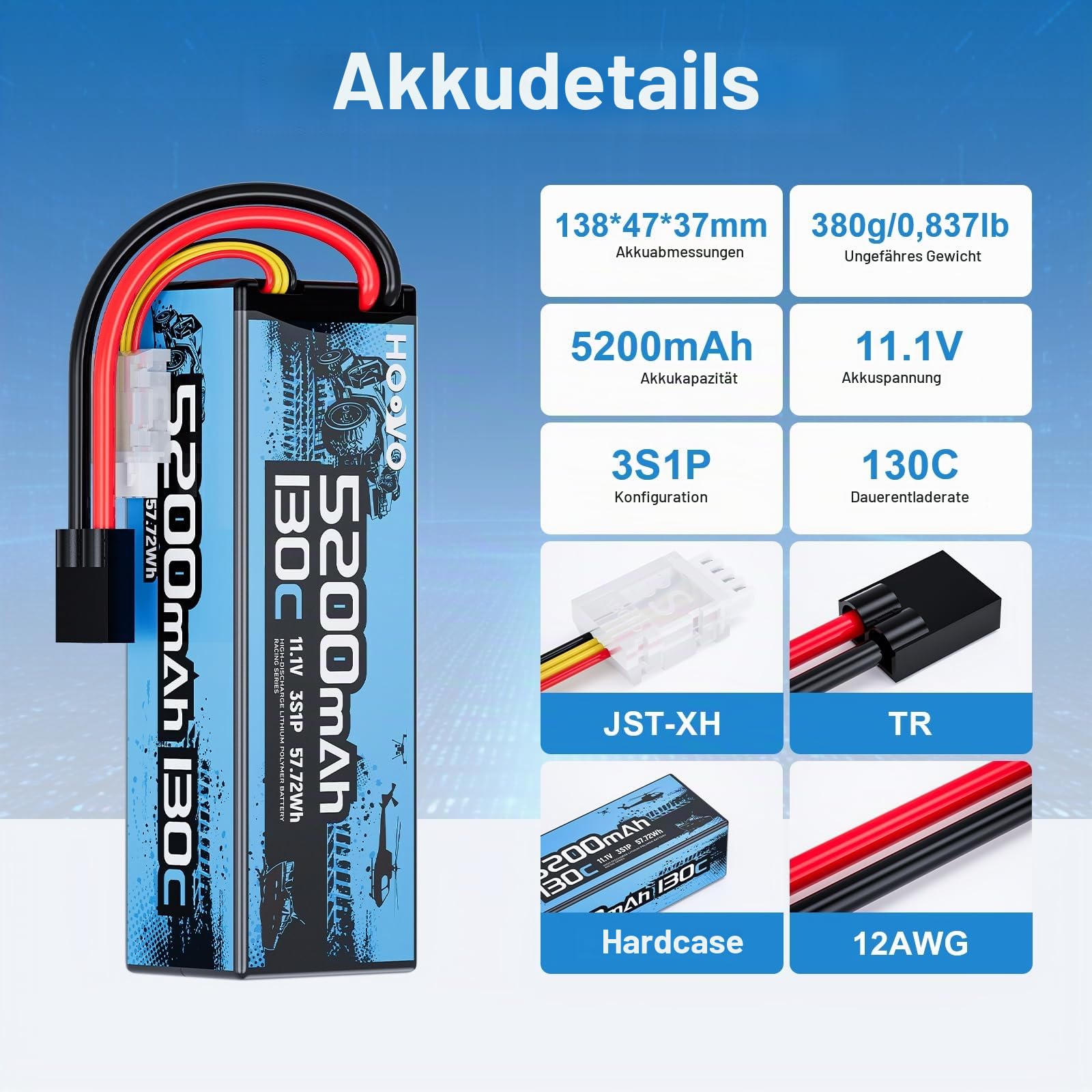 HOOVO 3S LiPo Akku Battery 11,1V 5200mAh 130C Hartschalenkoffer mit TRX Stecker Wiederaufladbarer Akku Ersatzakku 2 PCS for 1/5 1/8 1/10 RC Car Truck Boat FPV Drone Airplane